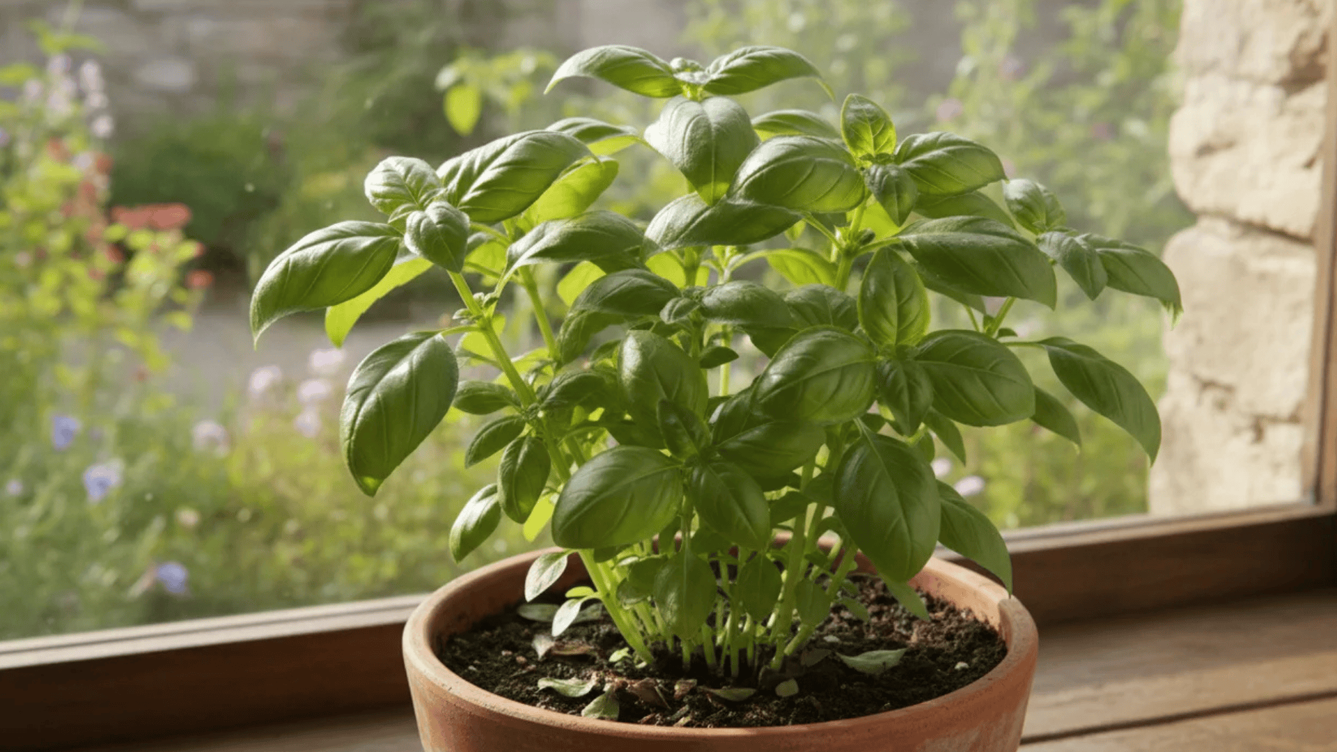 potted basil plant with fresh green leaves on windowsill with sunlit garden visible through glass in background