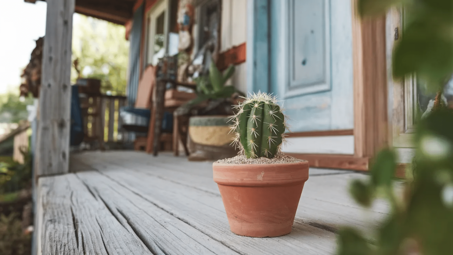 potted cactus placed on porch to deter birds
