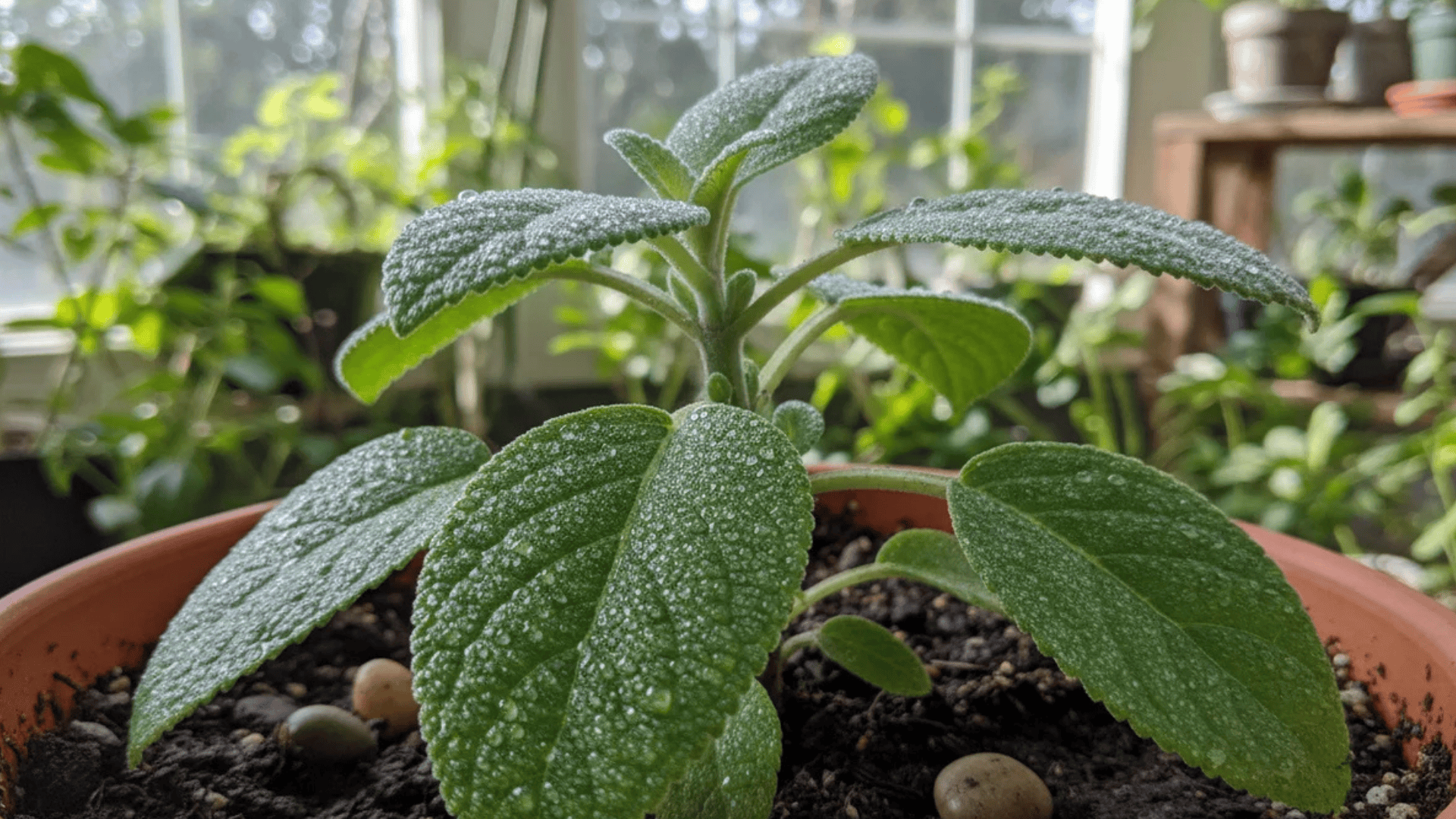 potted fuzzy green herb plant with textured leaves on soil in sunlit room with other plants in soft background