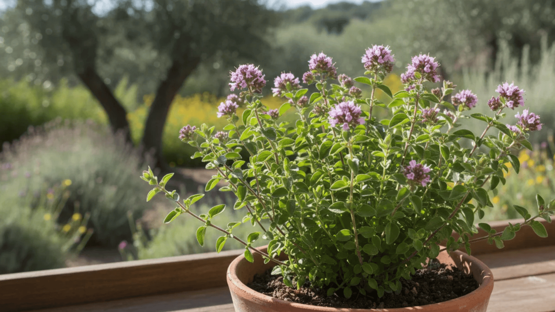 potted oregano plant with small purple flowers on wooden table with garden and trees in soft blurred background