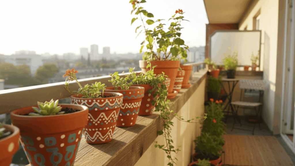 potted plants in painted pots lined along sunny balcony railing view