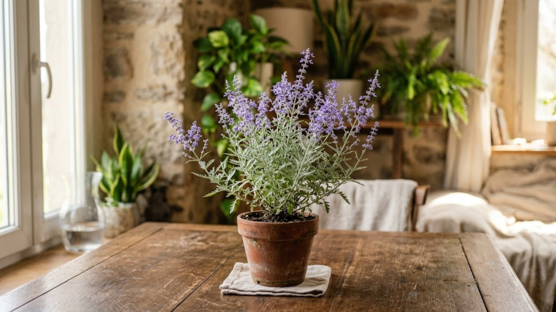 Potted russian sage on rustic table by window, ideal low maintenance outdoor plants decor
