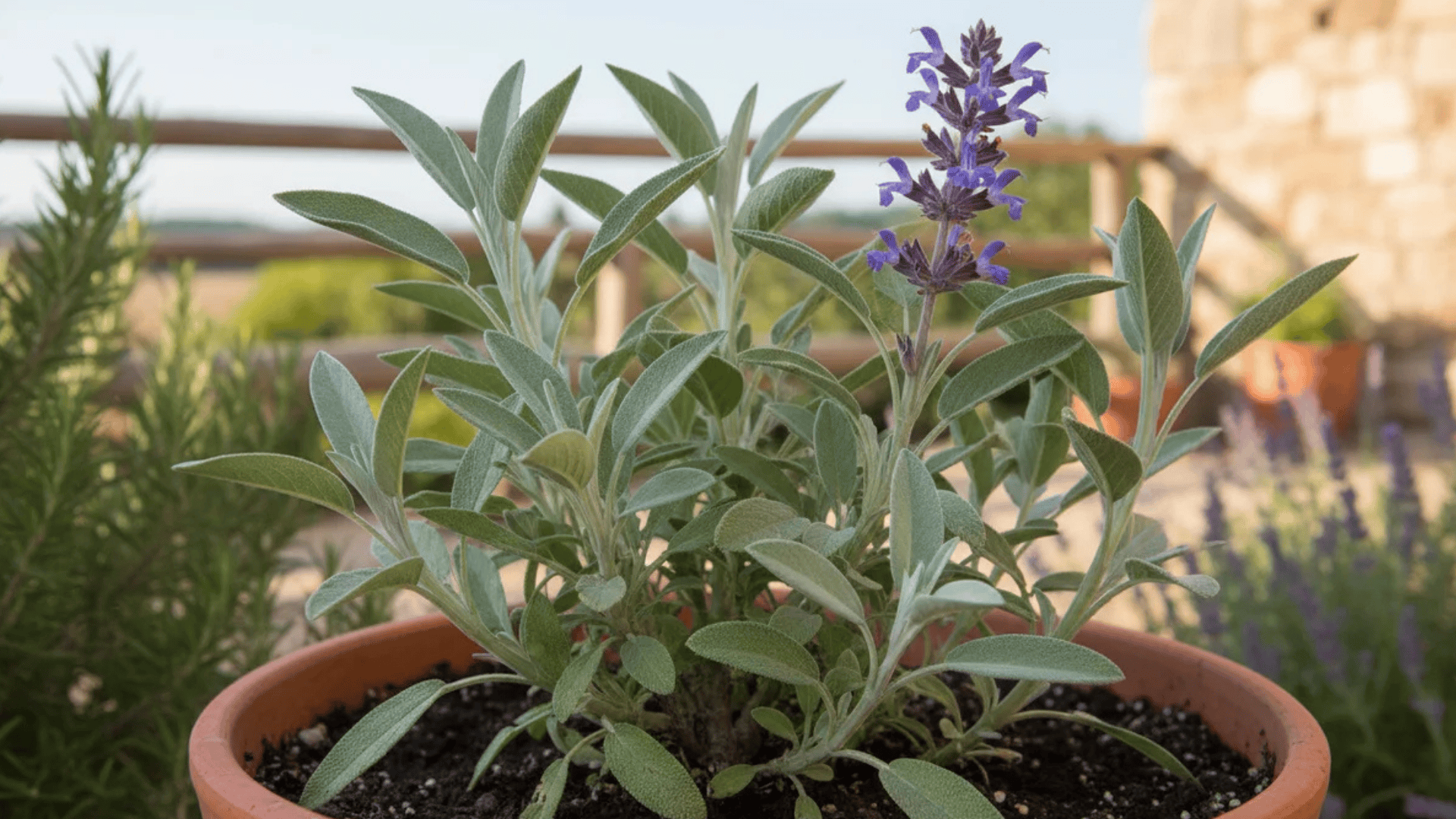potted sage plant with purple flower spike on sunny terrace with wooden railing and blurred countryside background (1)