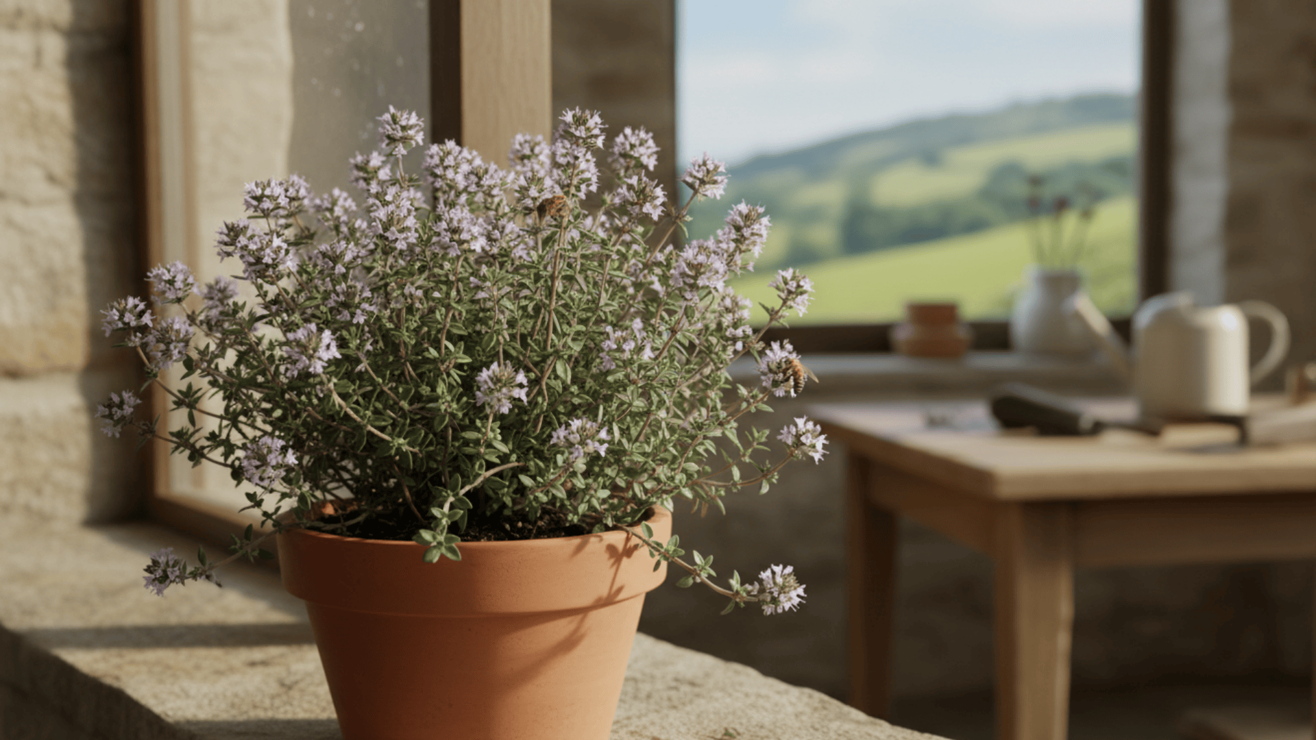 potted thyme plant with small purple flowers on windowsill with countryside view in background