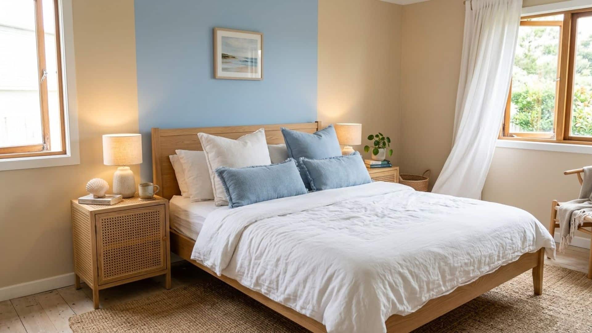powder blue accent wall bedroom with sand walls woven textures and light wood furniture calm bedroom