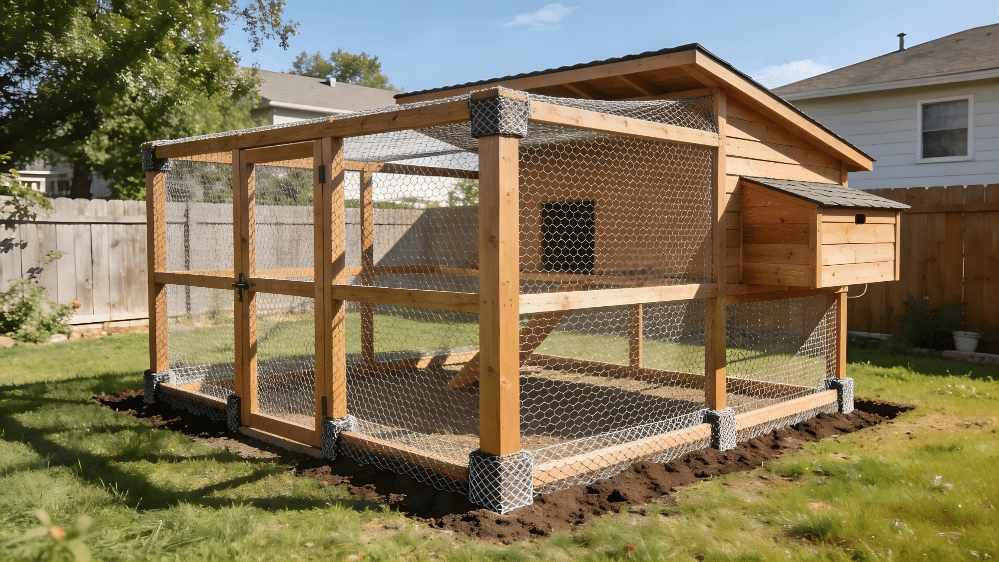 predator proof chicken run with wooden frame hardware cloth mesh on all sides buried edges secure door and attached coop in a backyard setting