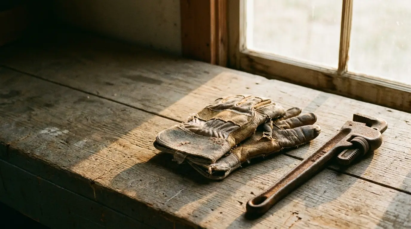 Weathered work gloves and rusty wrench on wooden bench by a sunlit window