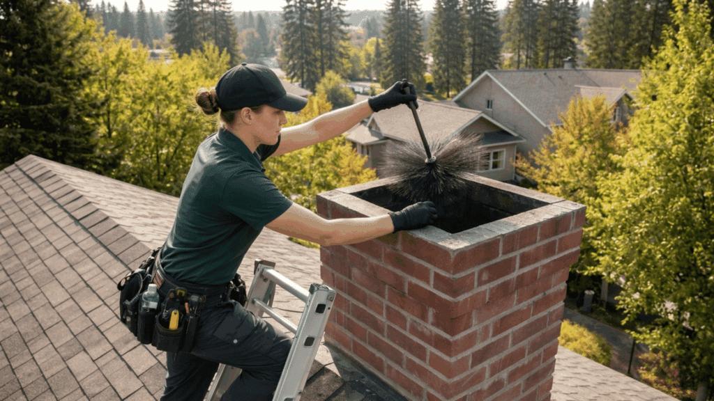 How to Clean a Chimney: Complete DIY Guide professional chimney cleaner standing on a rooftop ladder using a brush to clean a brick chimney