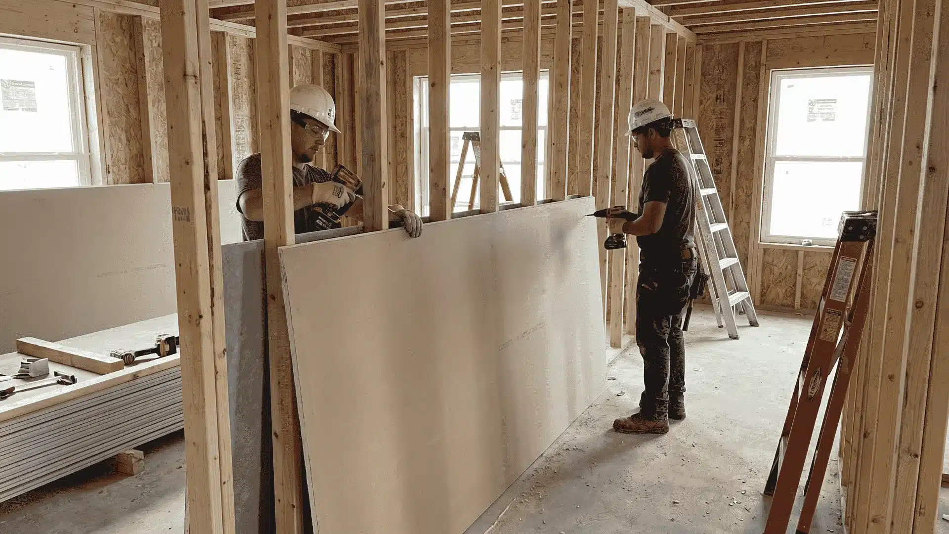 Worker installing standard 4x8 drywall panels on wall studs indoors.