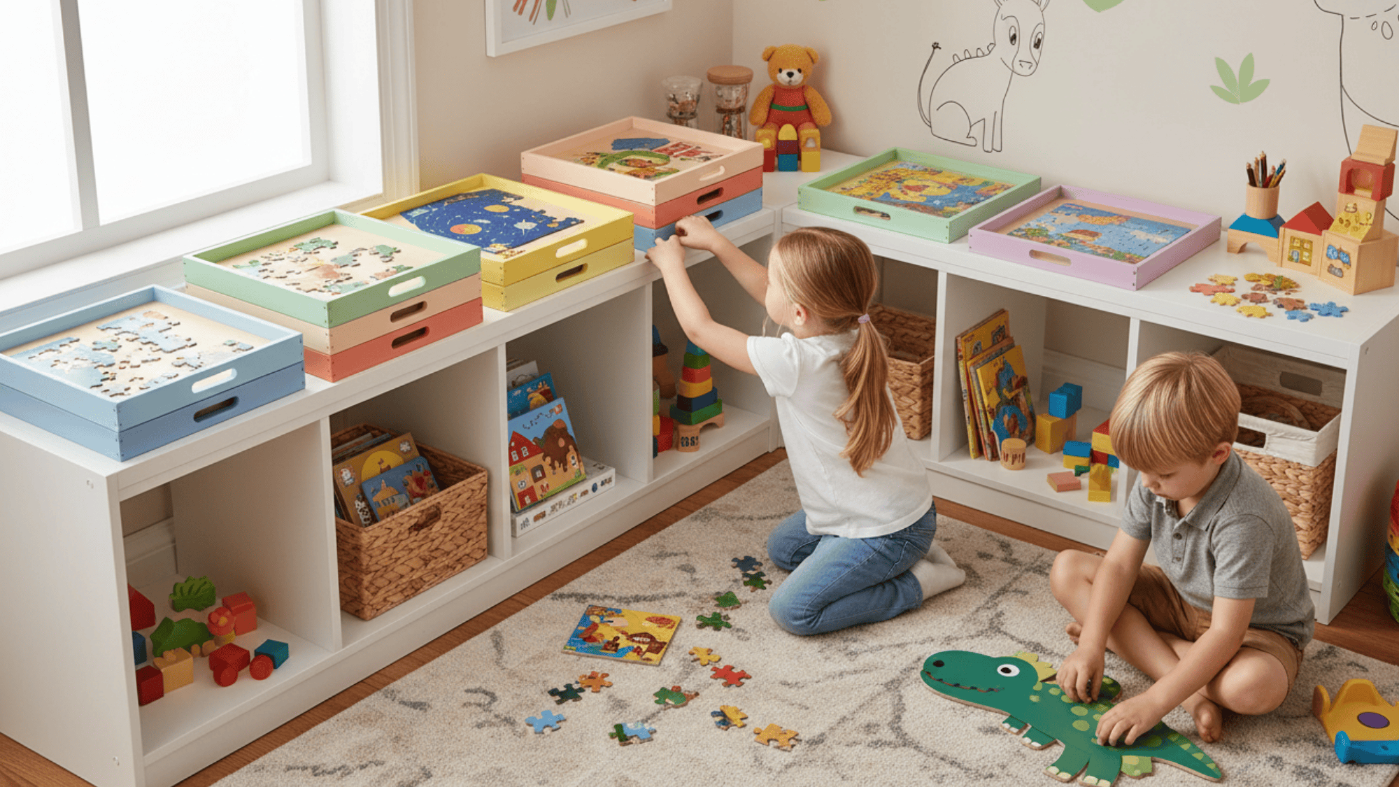 puzzle storage trays with stacked boards for kids puzzles in neat and organized playroom storage setup