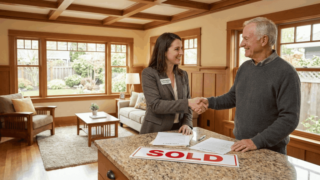 real estate agent shaking hands with homeowner after sale agreement inside bright staged living room with sold sign on counter