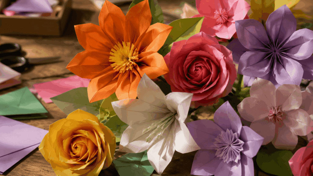 How to Make Paper Flowers for Any Occasion? realistic handmade origami paper flowers with visible folds and textured paper on a wooden craft table