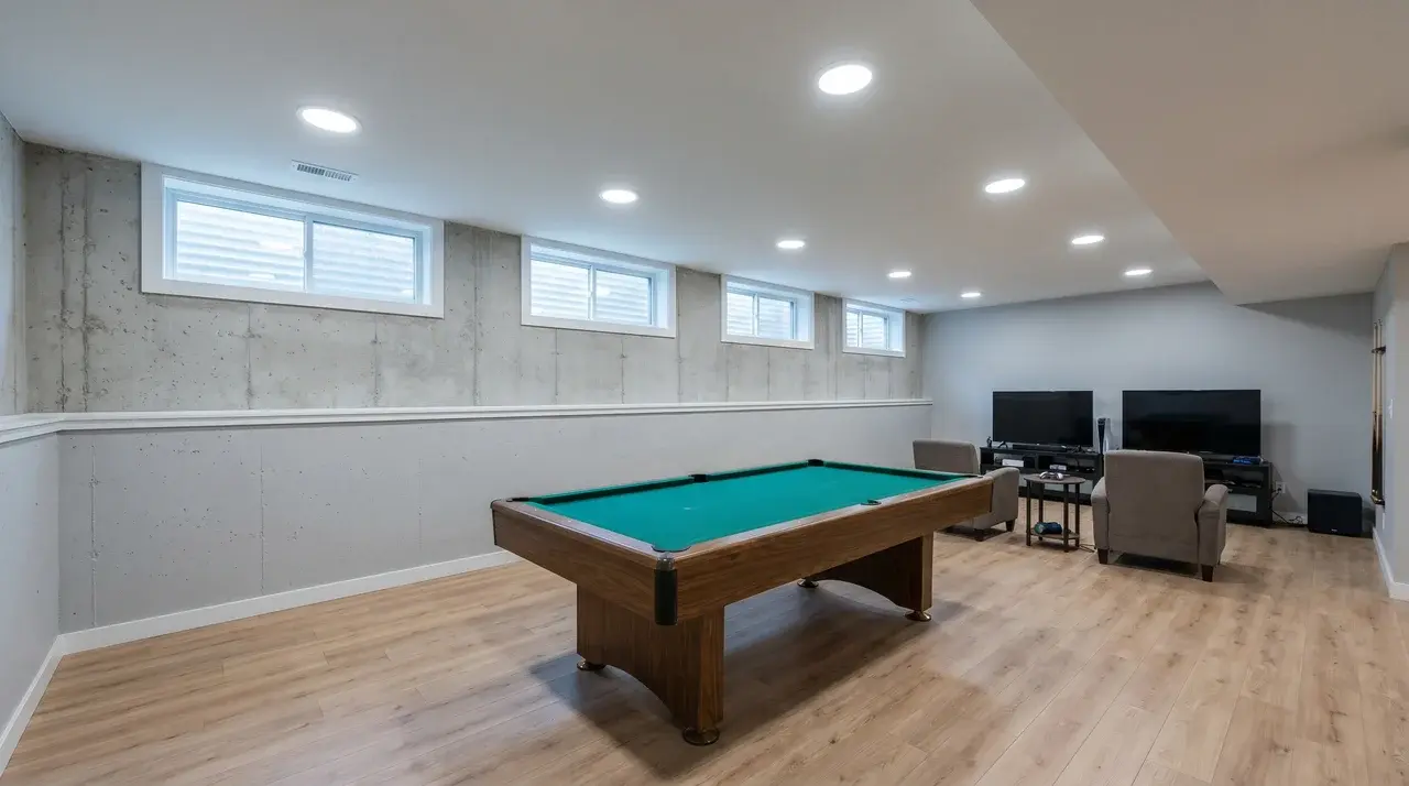 Basement recreation room with pool table and high wall windows
