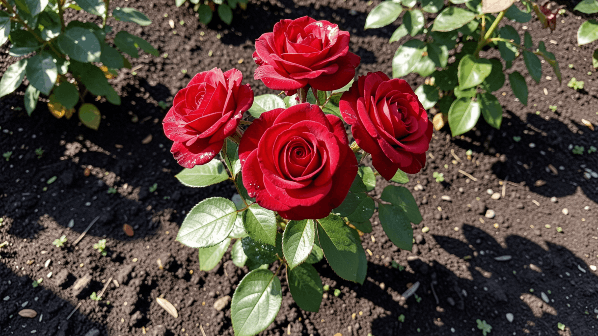 red roses blooming on a small garden plant with green leaves growing in soil under bright sunlight (1)