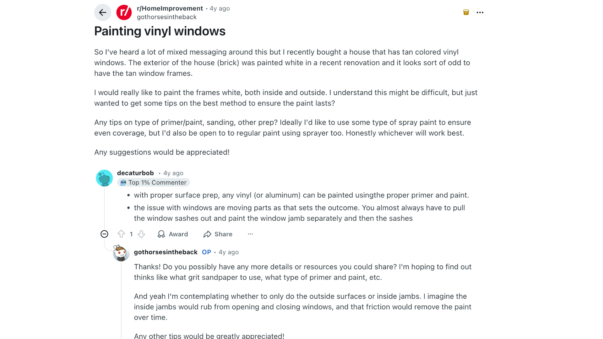 reddit discussion about painting vinyl windows with user asking for primer paint and prep tips