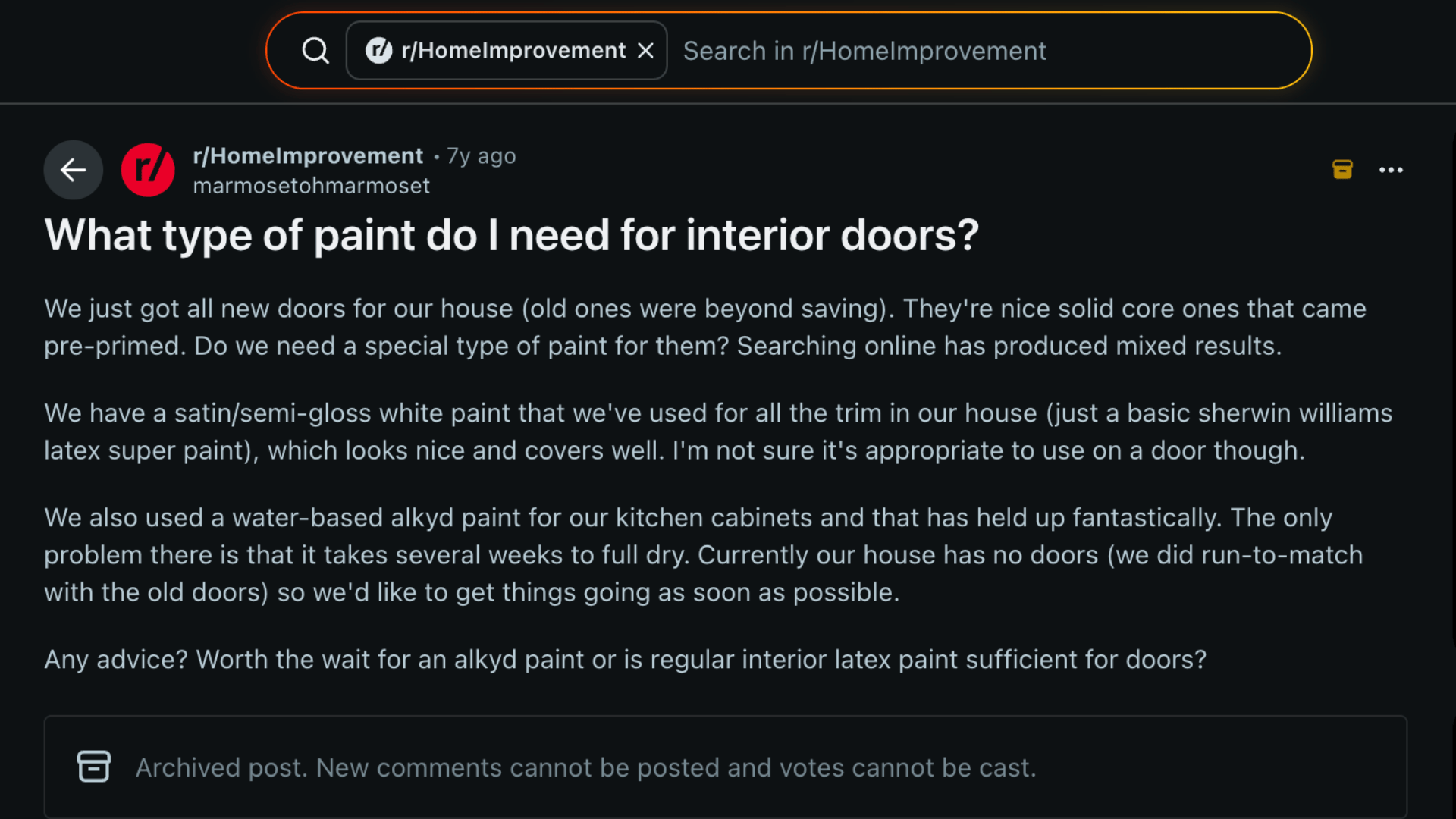 reddit post asking what type of paint is needed for interior doors with details about latex and alkyd options