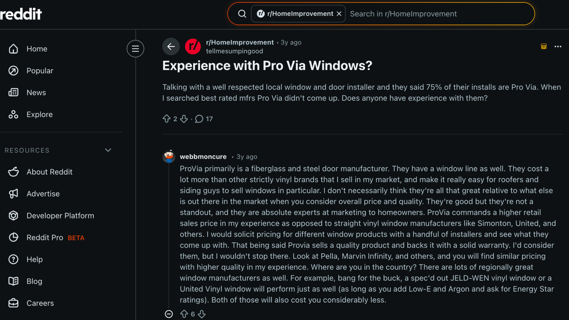 reddit post discussing homeowner experience and opinions on provia windows reviews with comments