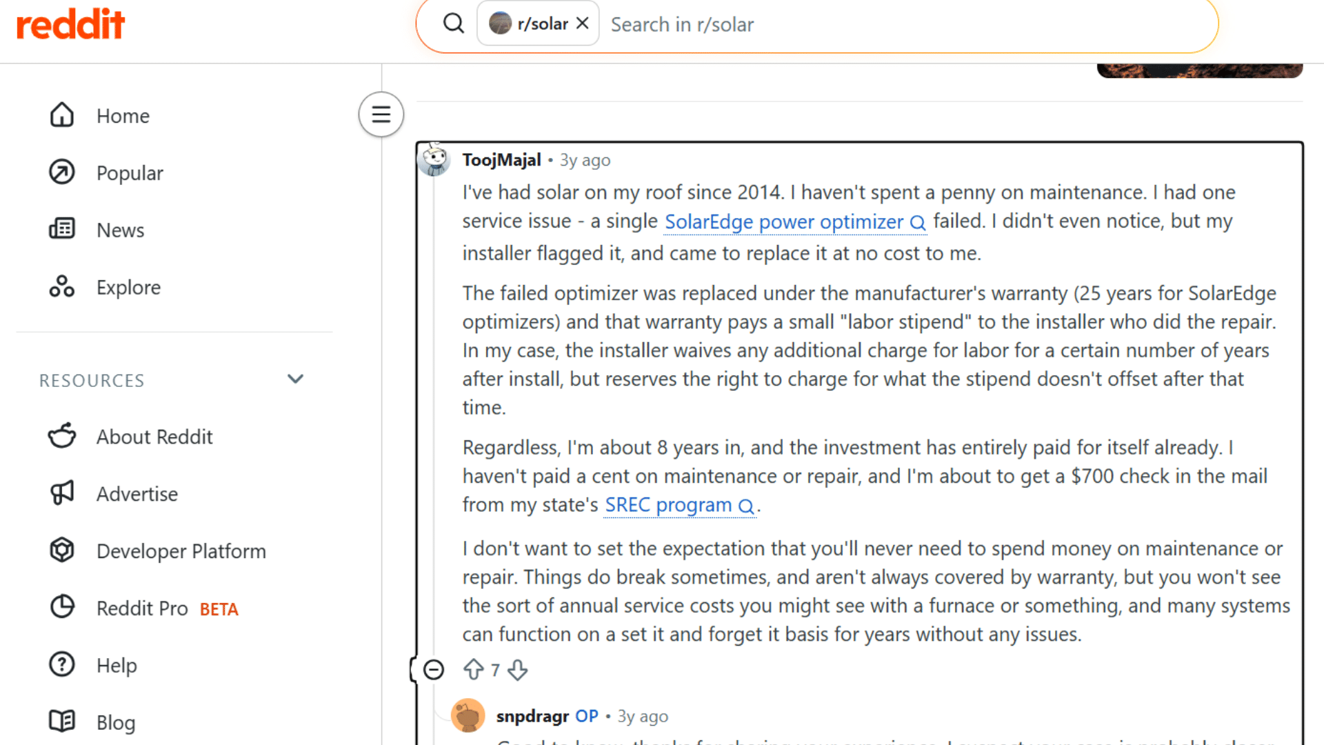 reddit post showing unbiased opinion regarding solar panel maintainence cost