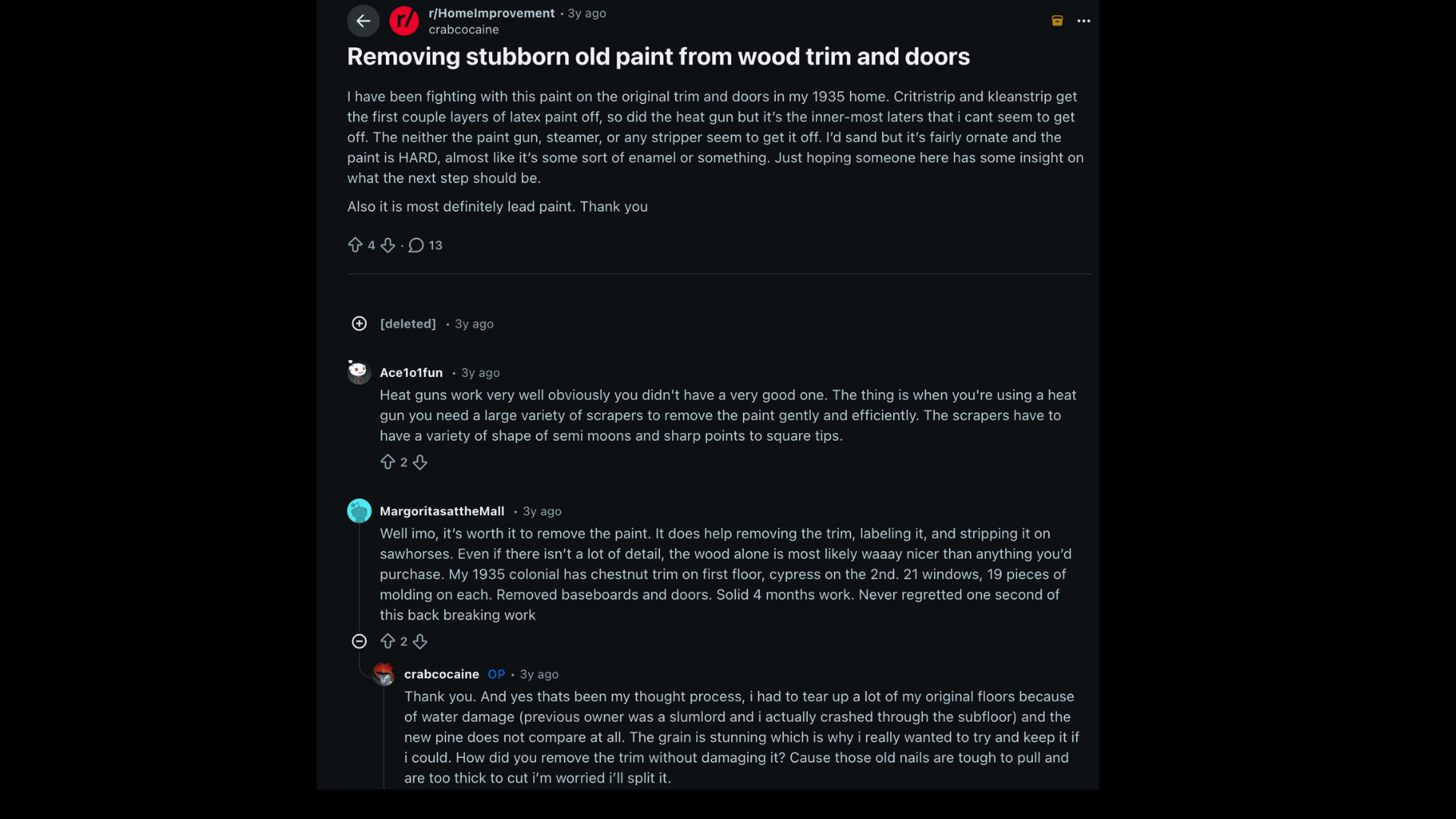 reddit post showing user sharing experience about removing paint from wood and tools used for the process