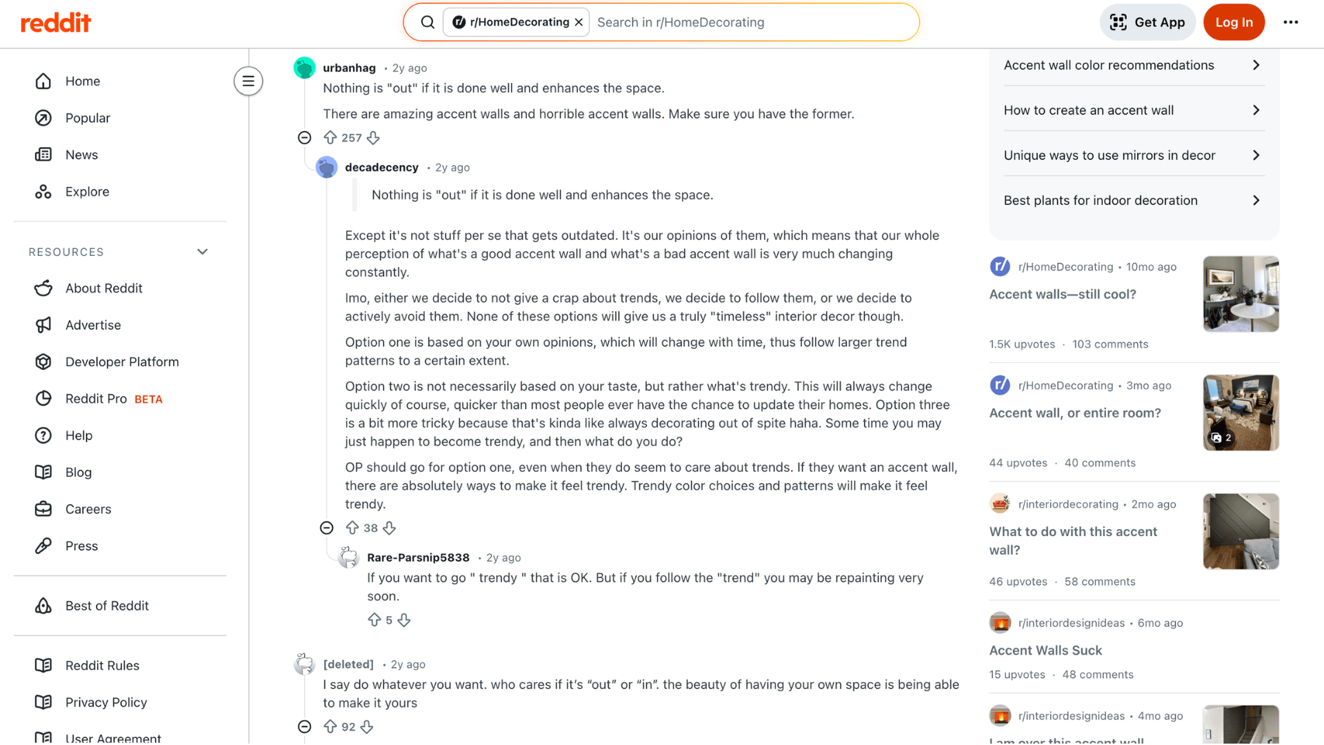 reddit thread discussing are accent walls out of style with comments debating trends and home decorating opinions and advice
