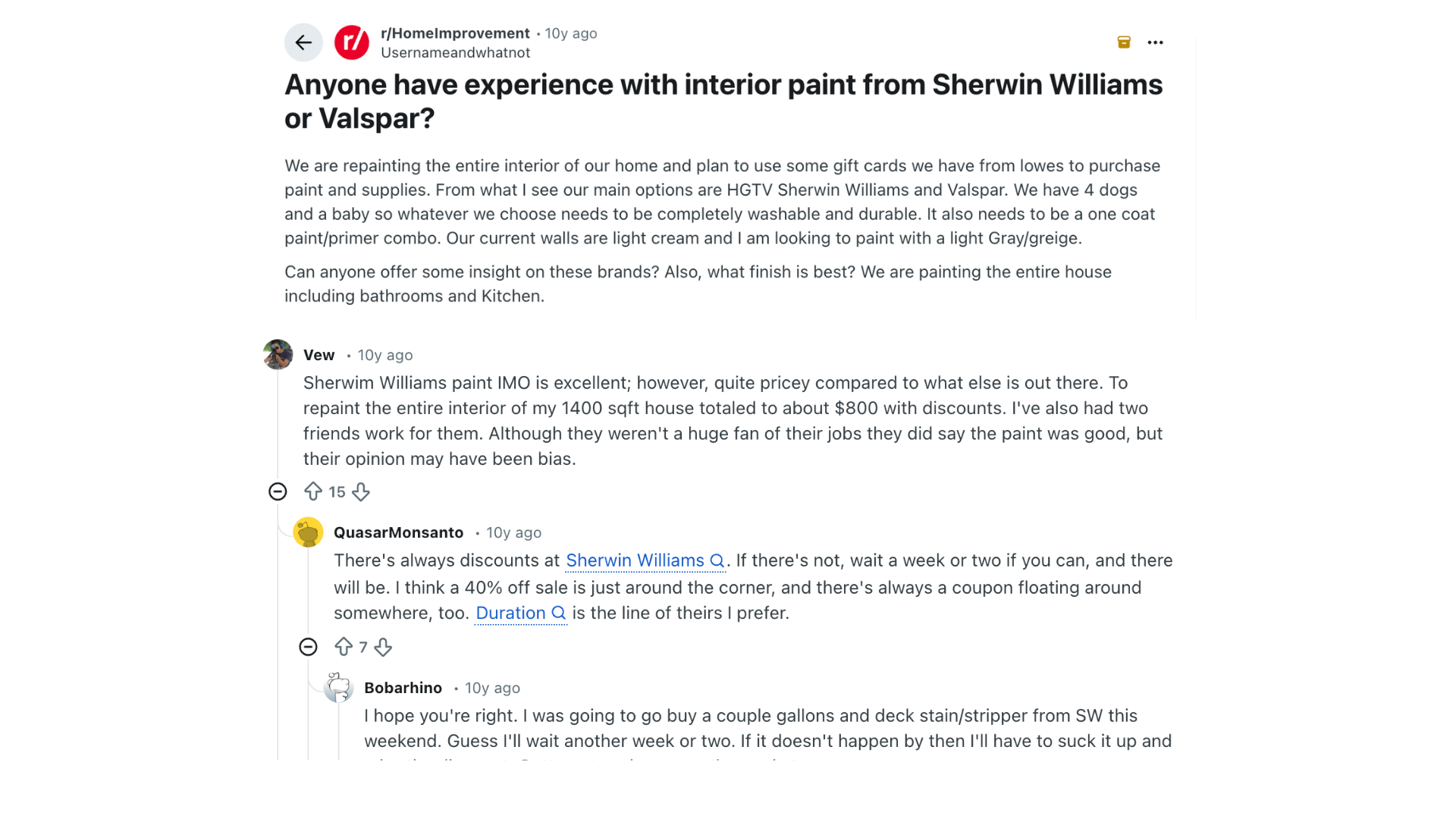 reddit thread discussing valspar vs sherwin williams interior paint durability price discounts and coverage for home project