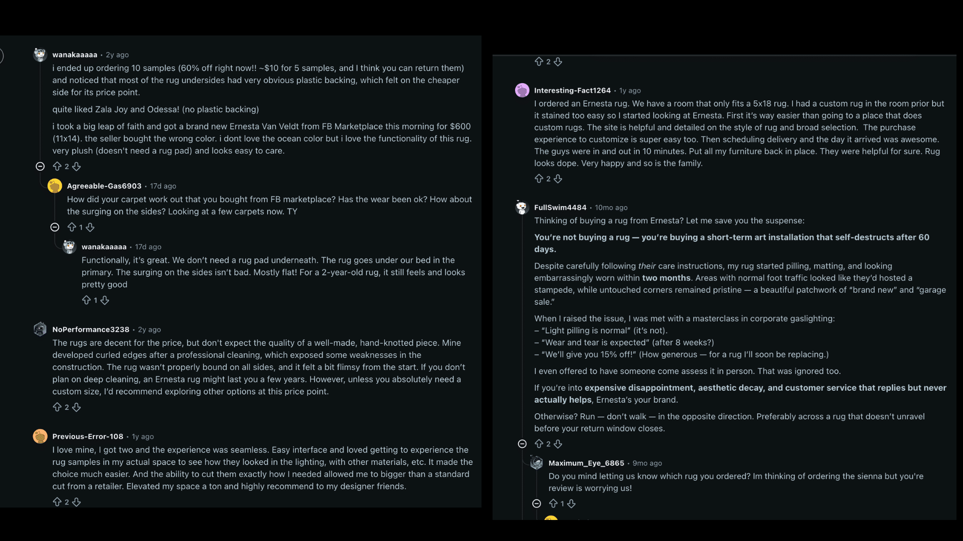reddit user experience showing mixed feedback about rugs with focus on quality durability and customer reviews