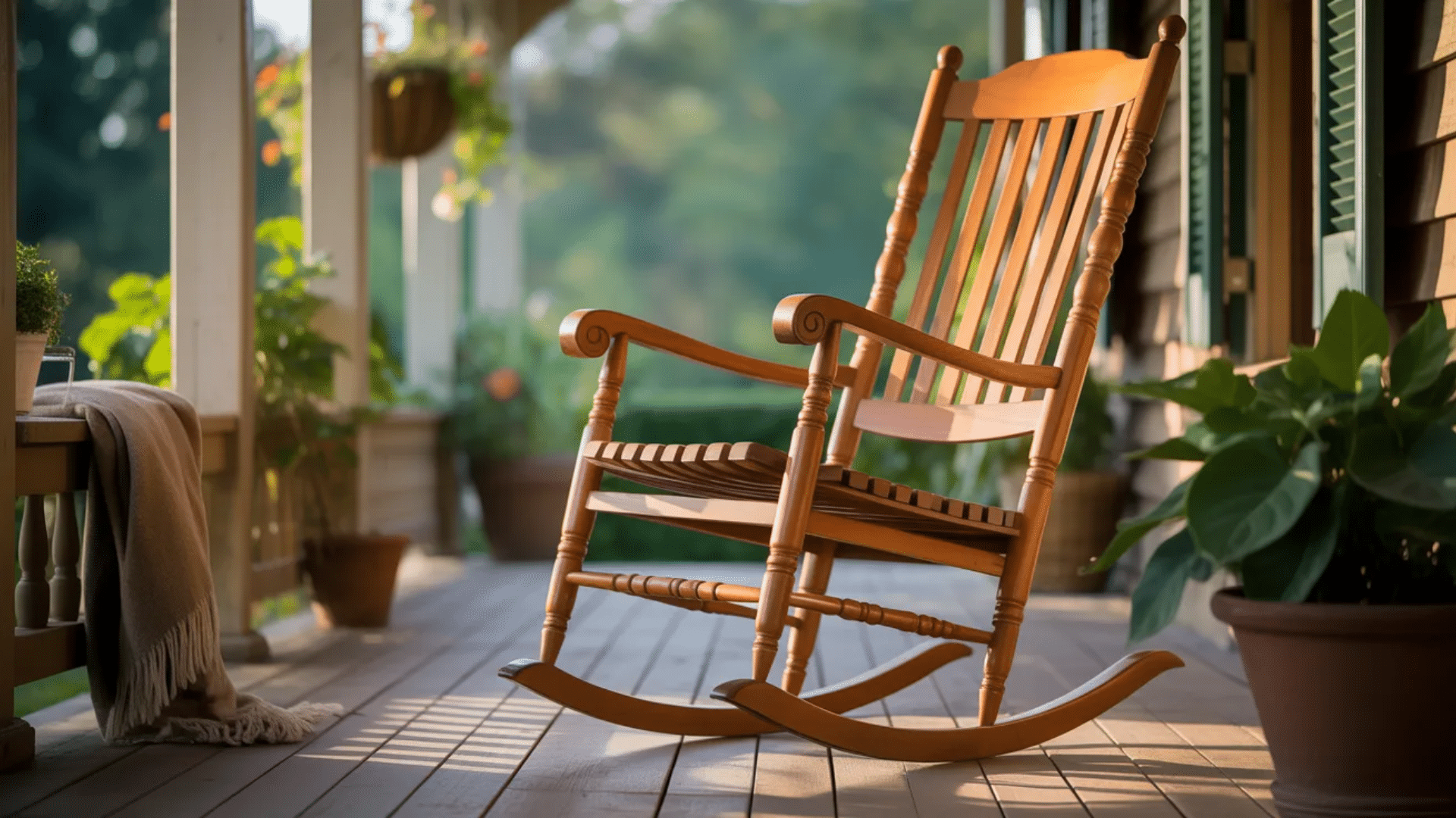 rocking chair with curved wooden rockers allowing gentle back and forth motion for relaxing seating