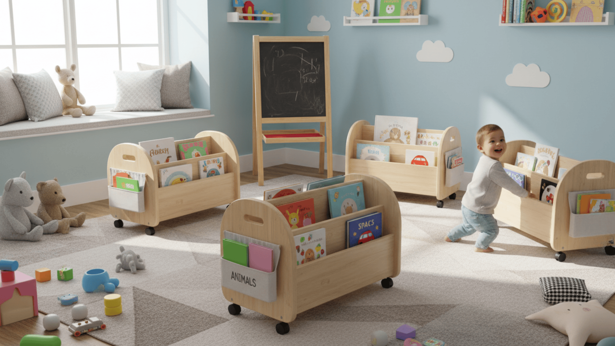 rolling book racks with kids books for easy access and neat playroom storage ideas setup