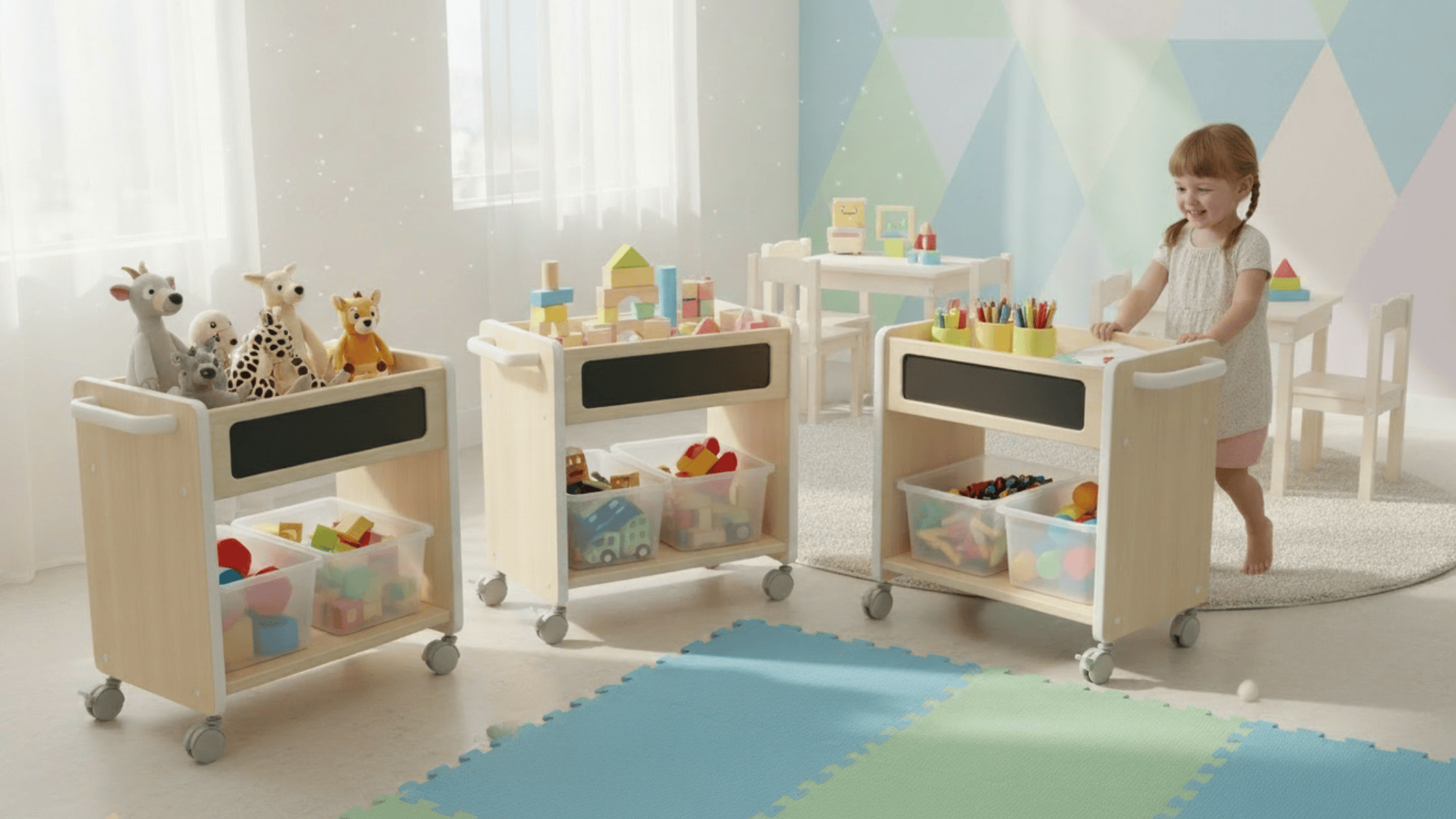 rolling toy carts for kids toys blocks and art supplies in organized playroom setup
