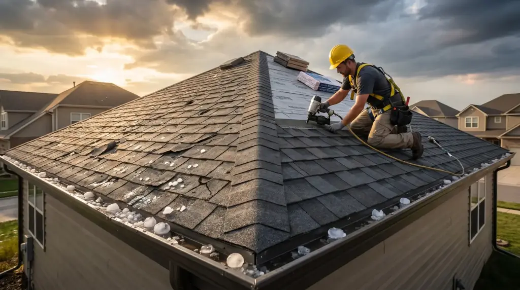 Worker repairing hail-damaged roof shingles at sunset in residential neighborhood