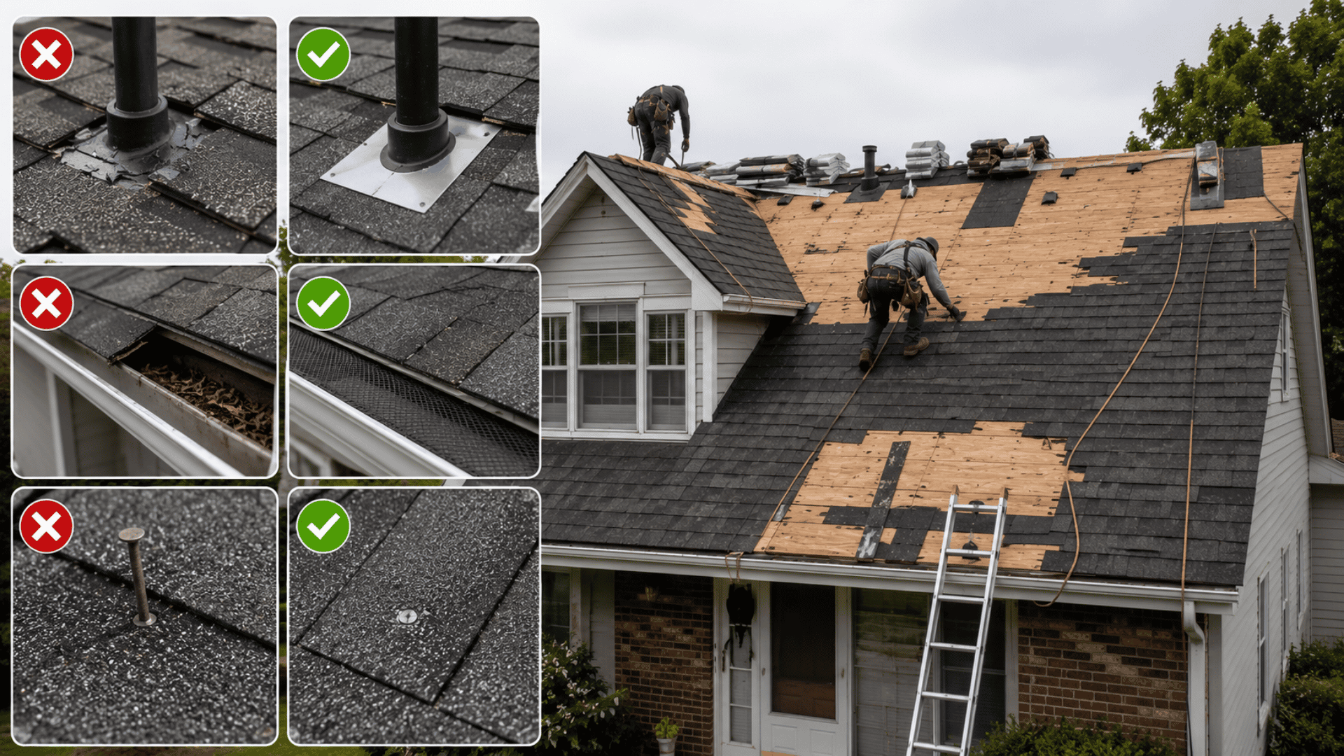 roof replacement comparison showing common installation mistakes beside proper roofing techniques on a house roof