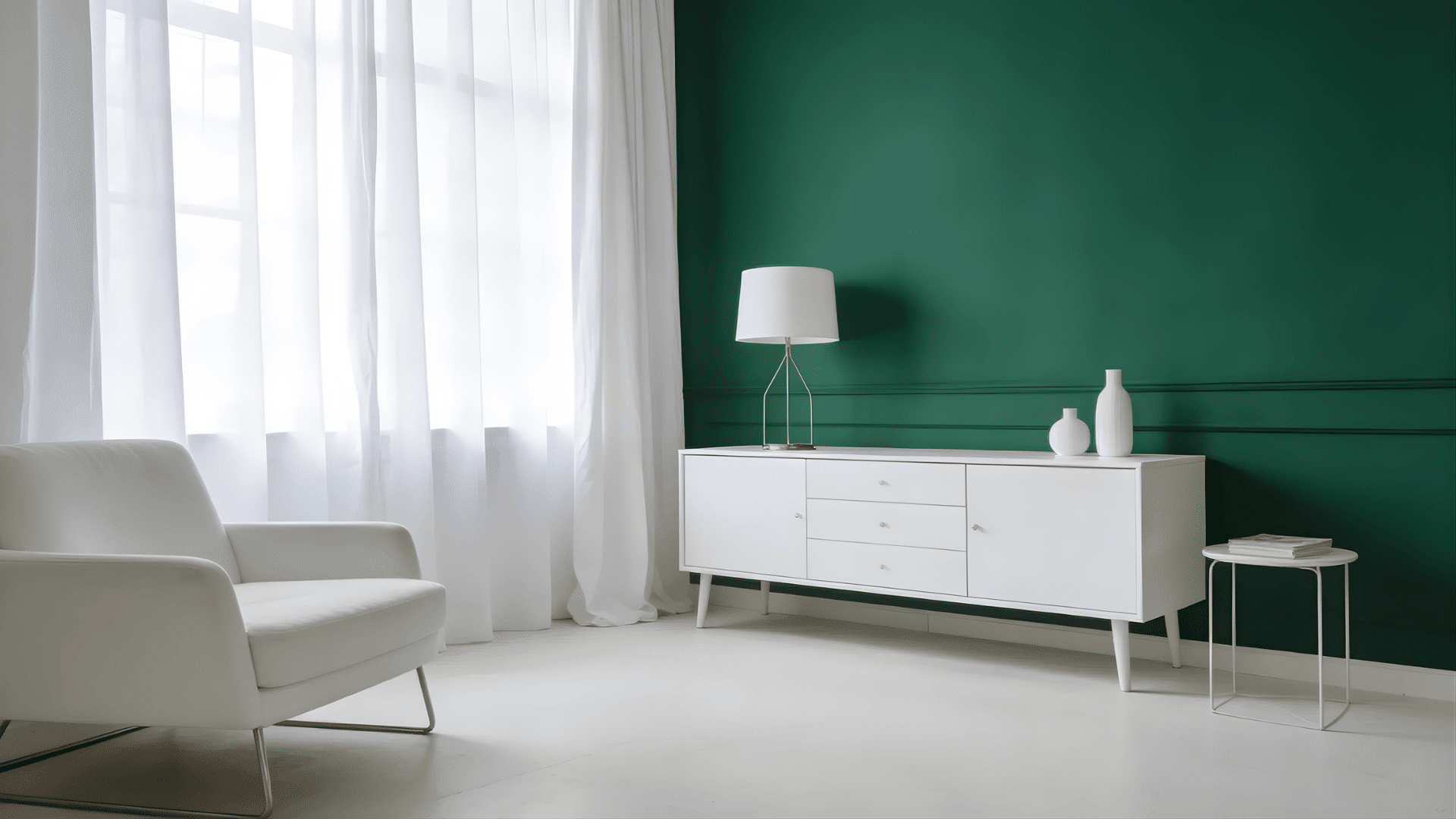 room with white chair sheer curtains and emerald green wall with cabinet and lamp what color goes with emerald green