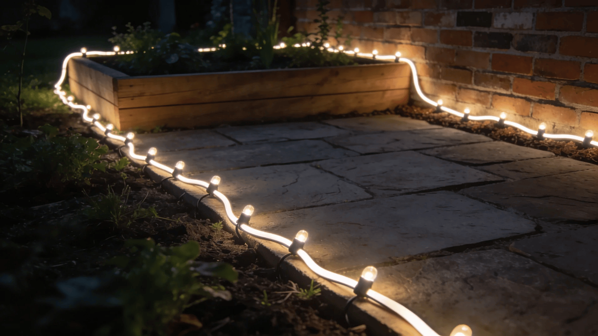 rope style outdoor lights outlining garden bed and patio edge beside brick wall at night