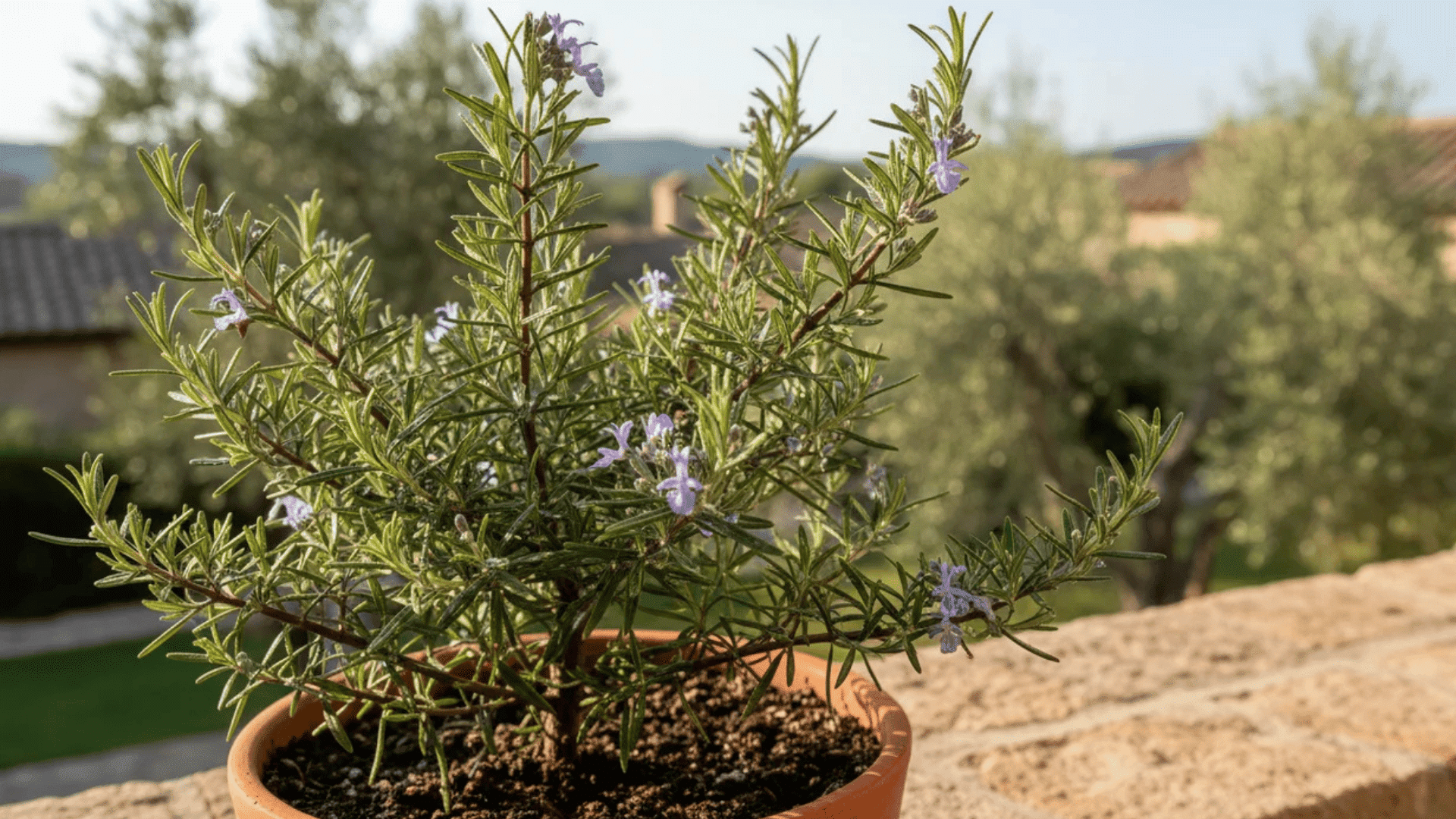 rosemary plant in clay pot with purple flowers on sunny terrace with blurred trees