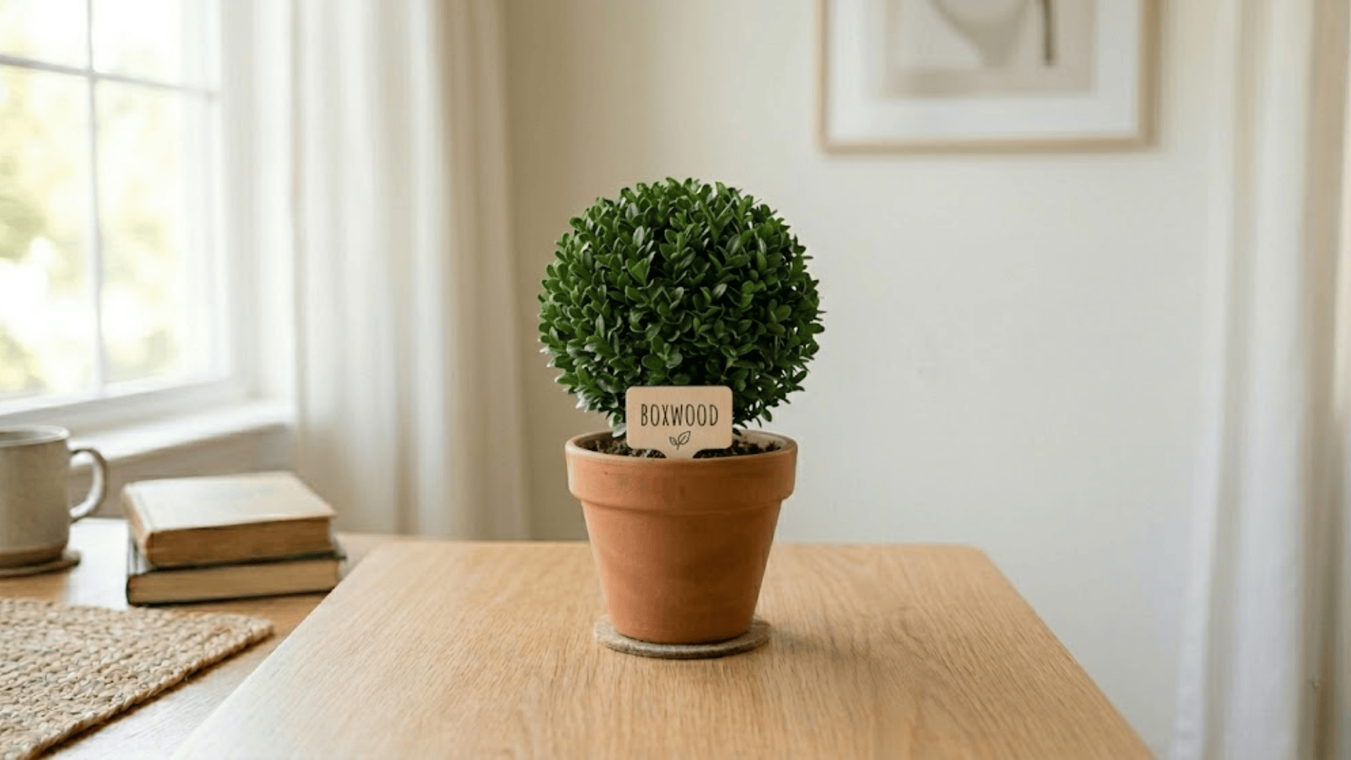 round boxwood plant in small clay pot on wooden surface low maintenance outdoor plants styling