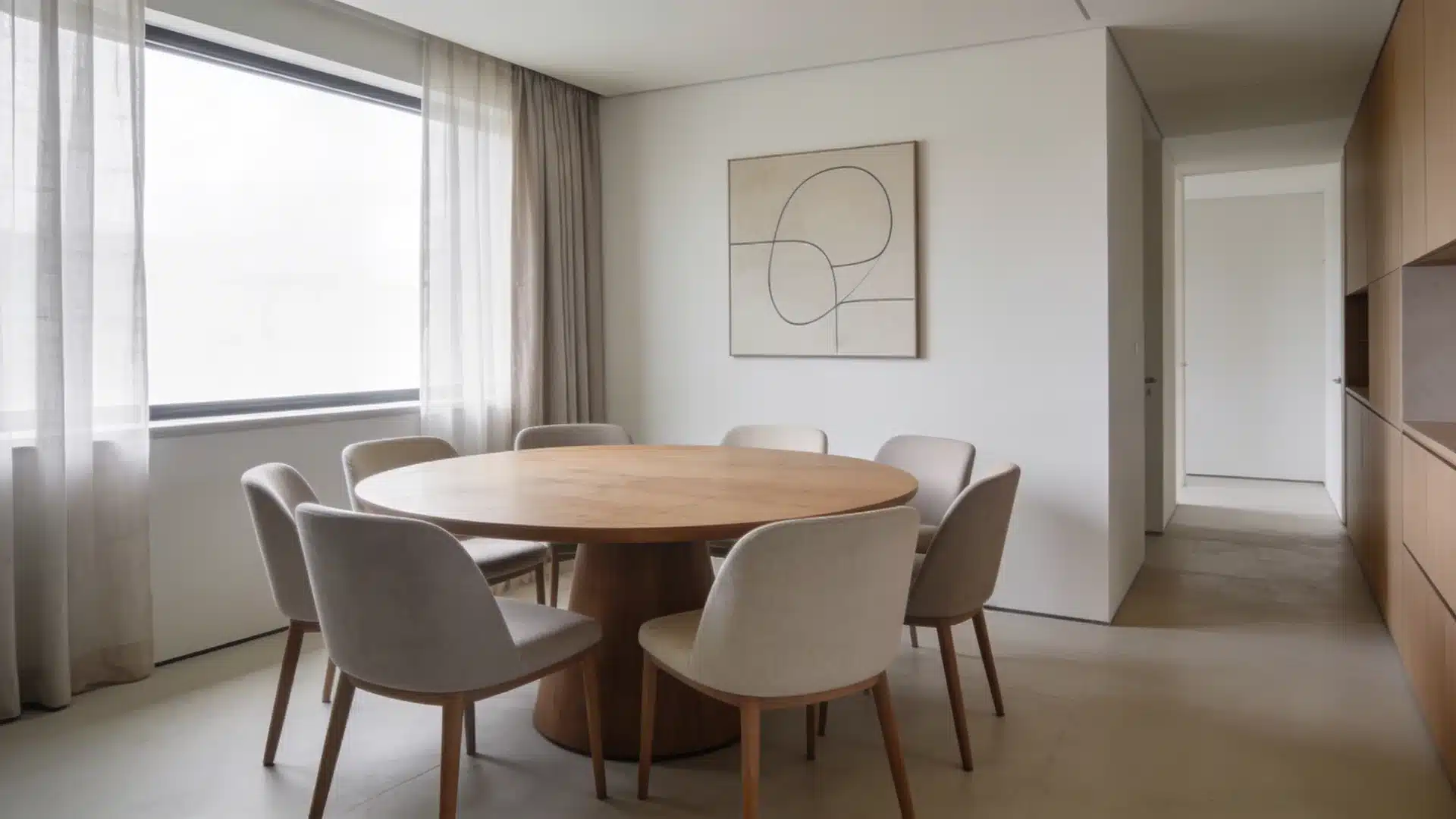 round dining table placed near a corner with chairs maximizing space in a compact room with a clean layout