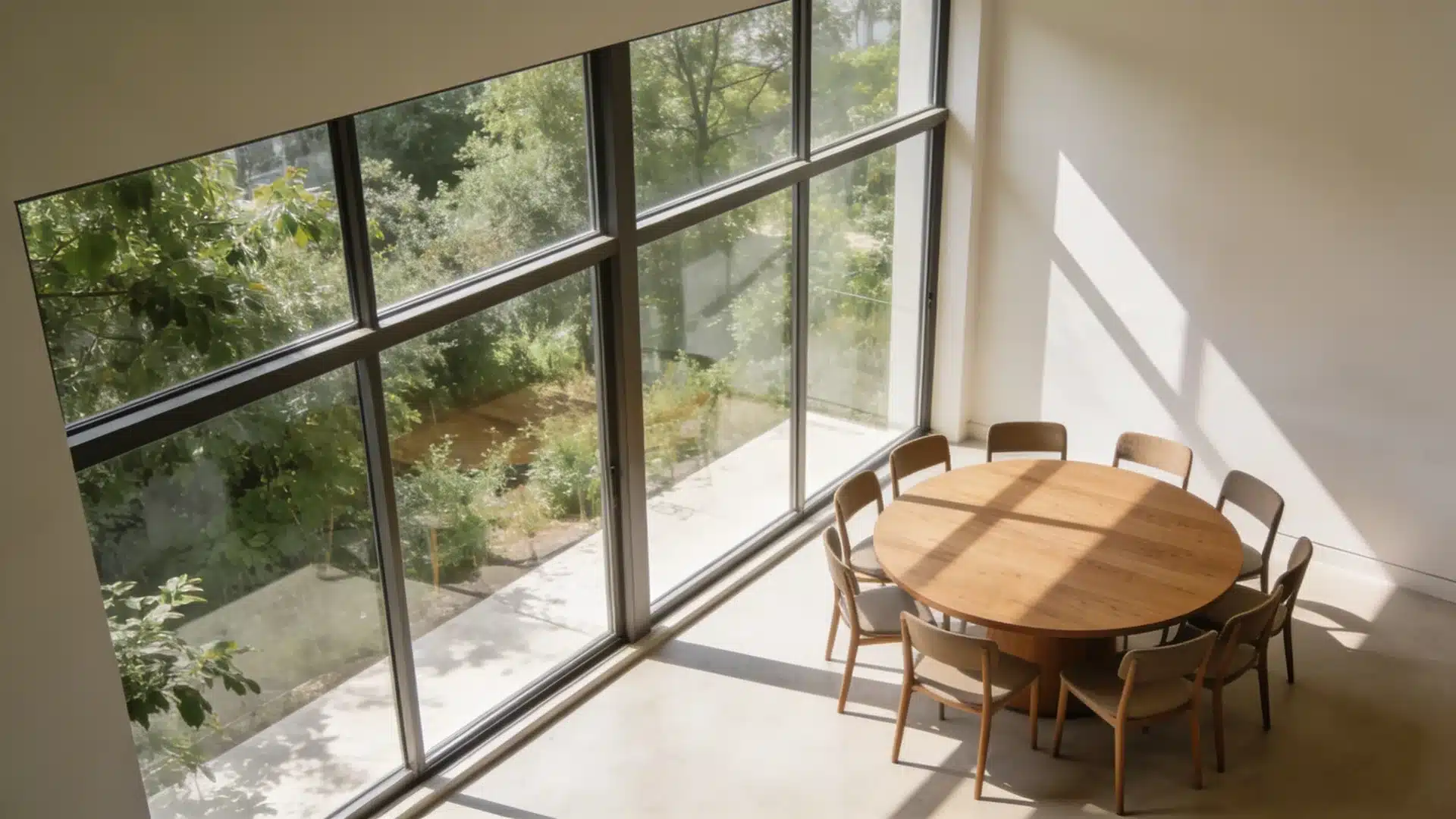 round dining table placed near large floor to ceiling windows filled with natural light and surrounded by chairs in a bright space