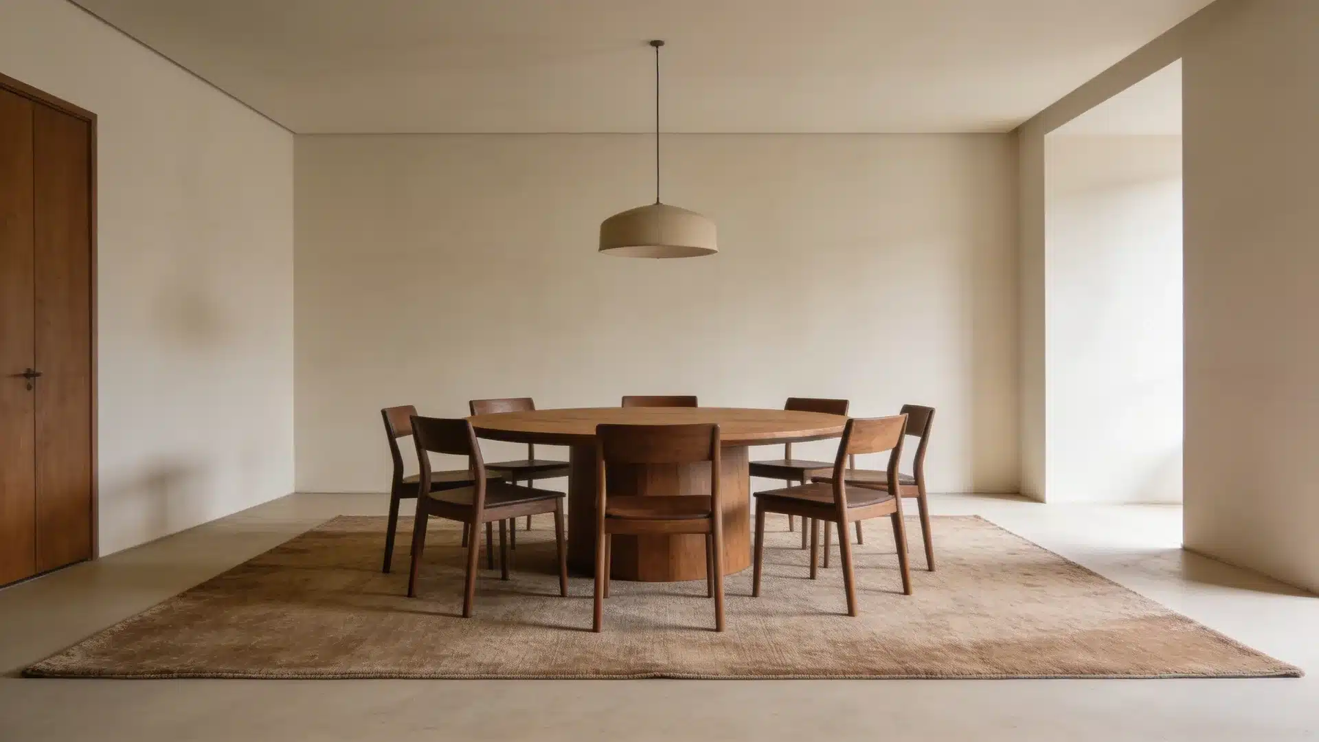 round dining table placed on a large area rug with chairs creating a defined and grounded dining space in a minimal room