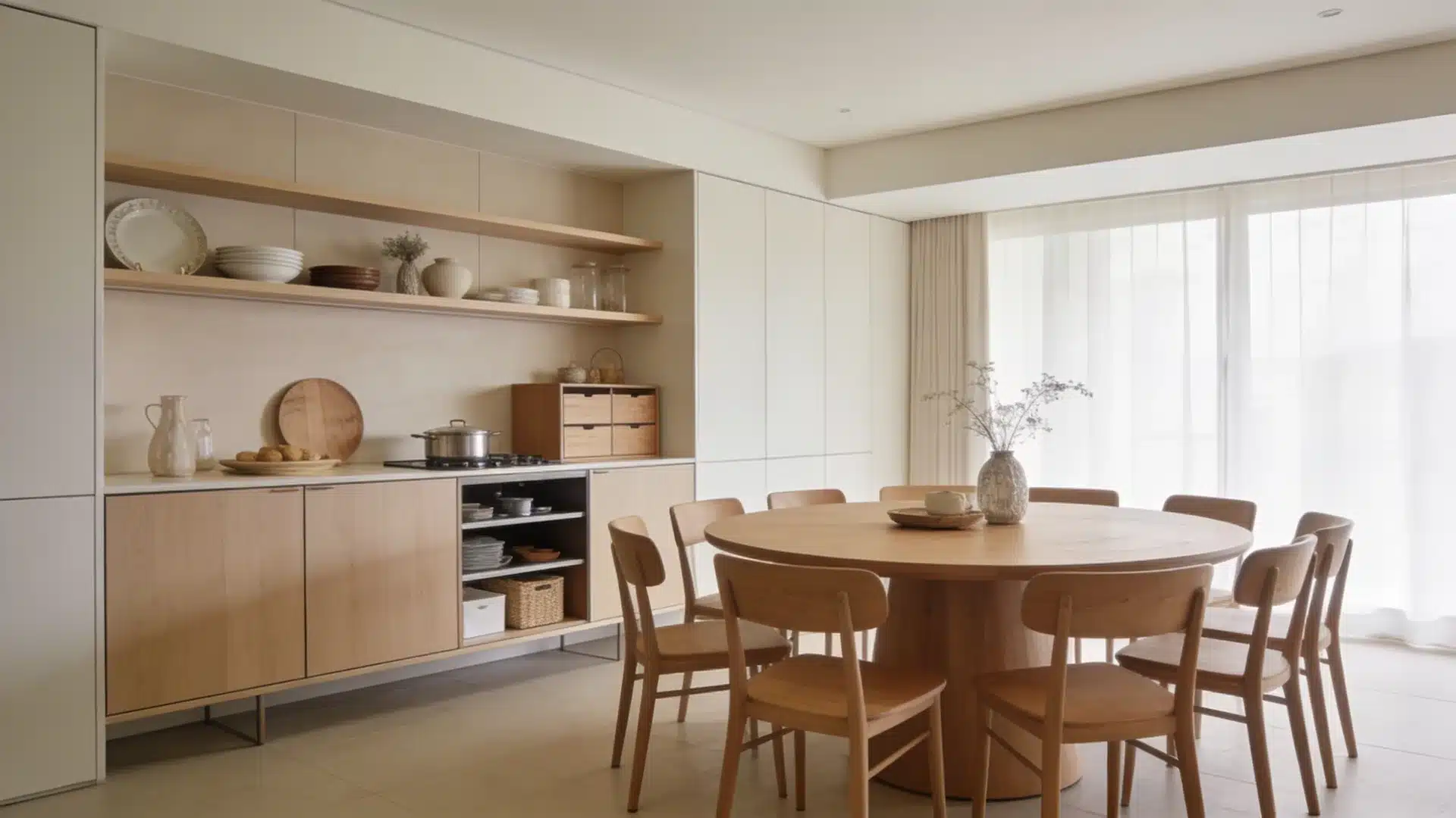 round dining table with chairs placed beside a buffet cabinet showing a functional layout with storage and serving space in a bright room