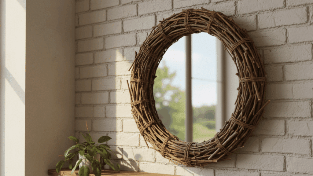round twig wreath hanging on brick wall with plant and window light