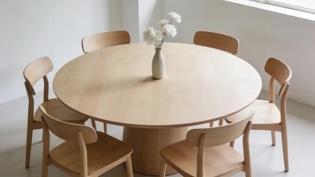 What Size Round Table Seats 8-10? Sizes and Tips round wooden dining table with chairs near window showing what size round table seats 8 10 in a bright minimal space