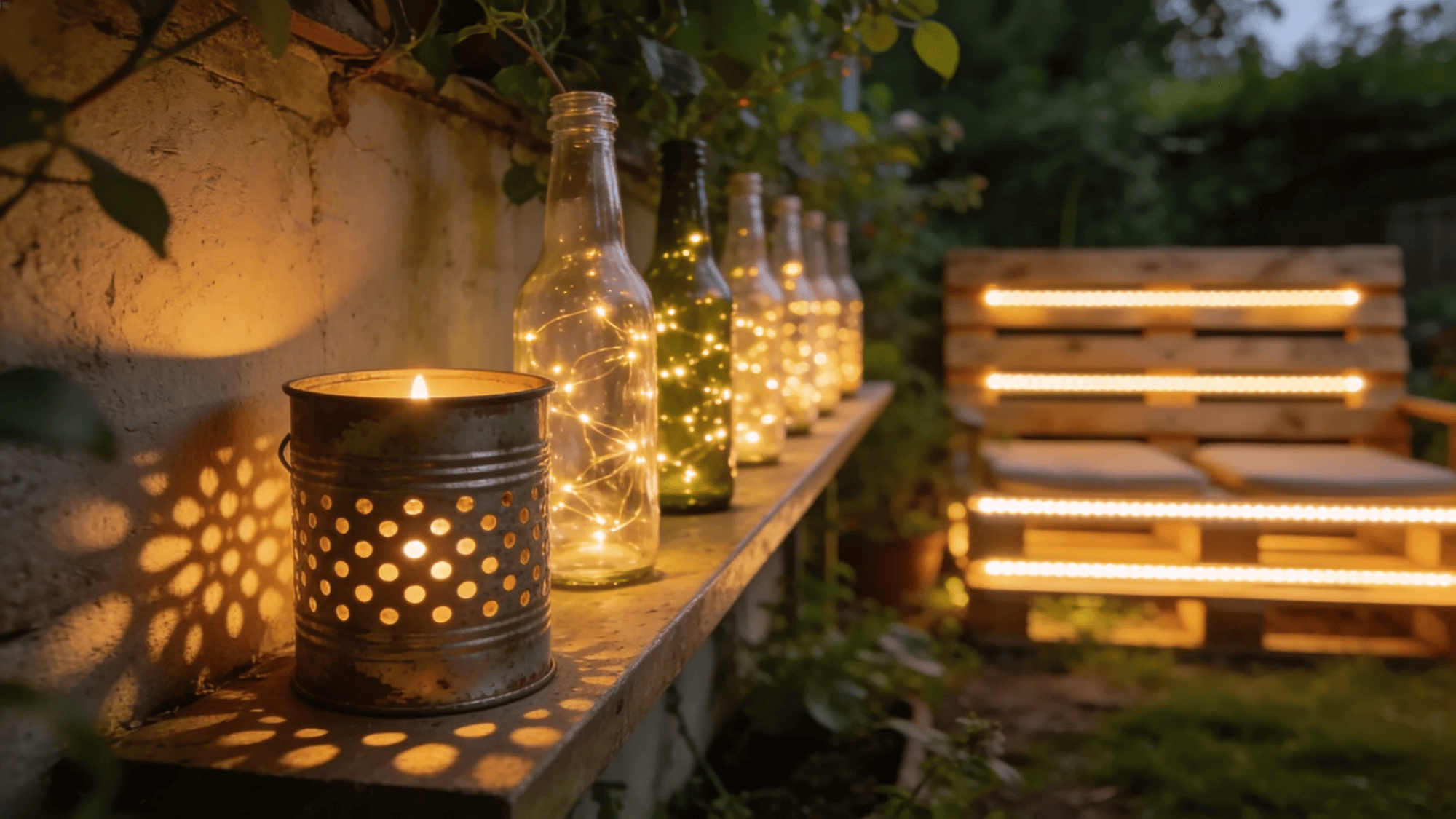 row of glass bottles with lights and candle on shelf creating warm cozy outdoor decor