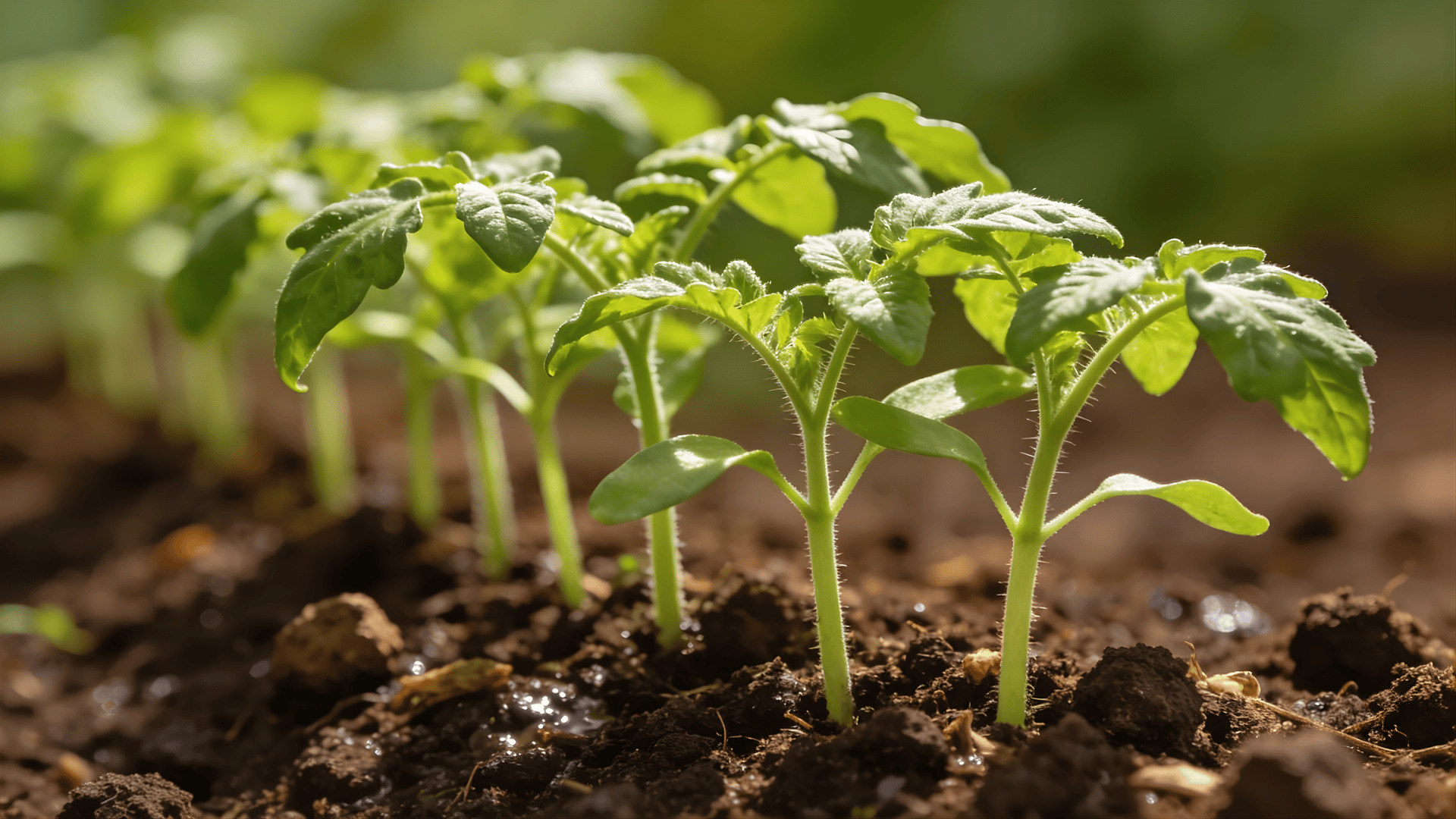 row of young plants showing when to transplant tomato seedlings growing upright in moist soil under sunlight