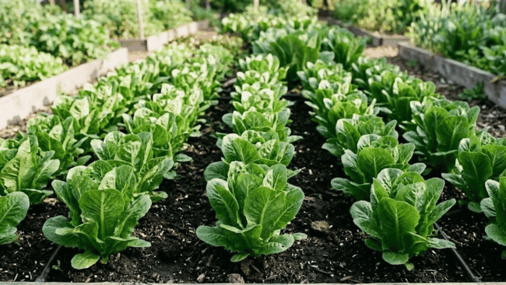 rows of romaine lettuce growing in garden bed showing how to grow romaine lettuce from seed easily in natural sunlight