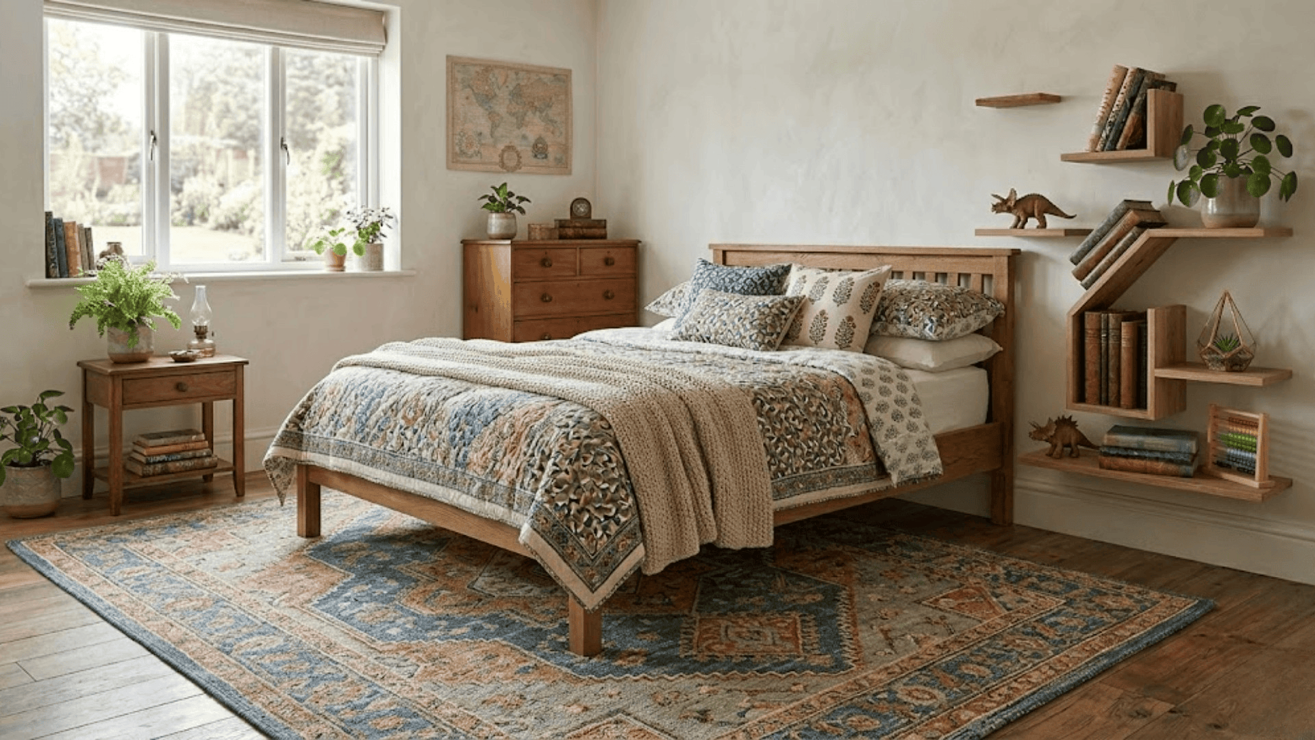 rug size guide bedroom with the wooden bed patterned rug and plants near window cozy space