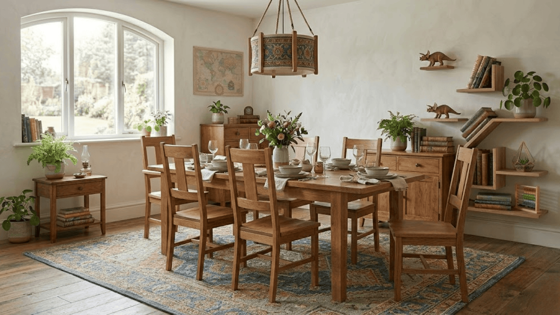 rug size guide dining room with wooden table chairs and large patterned rug in bright spaces