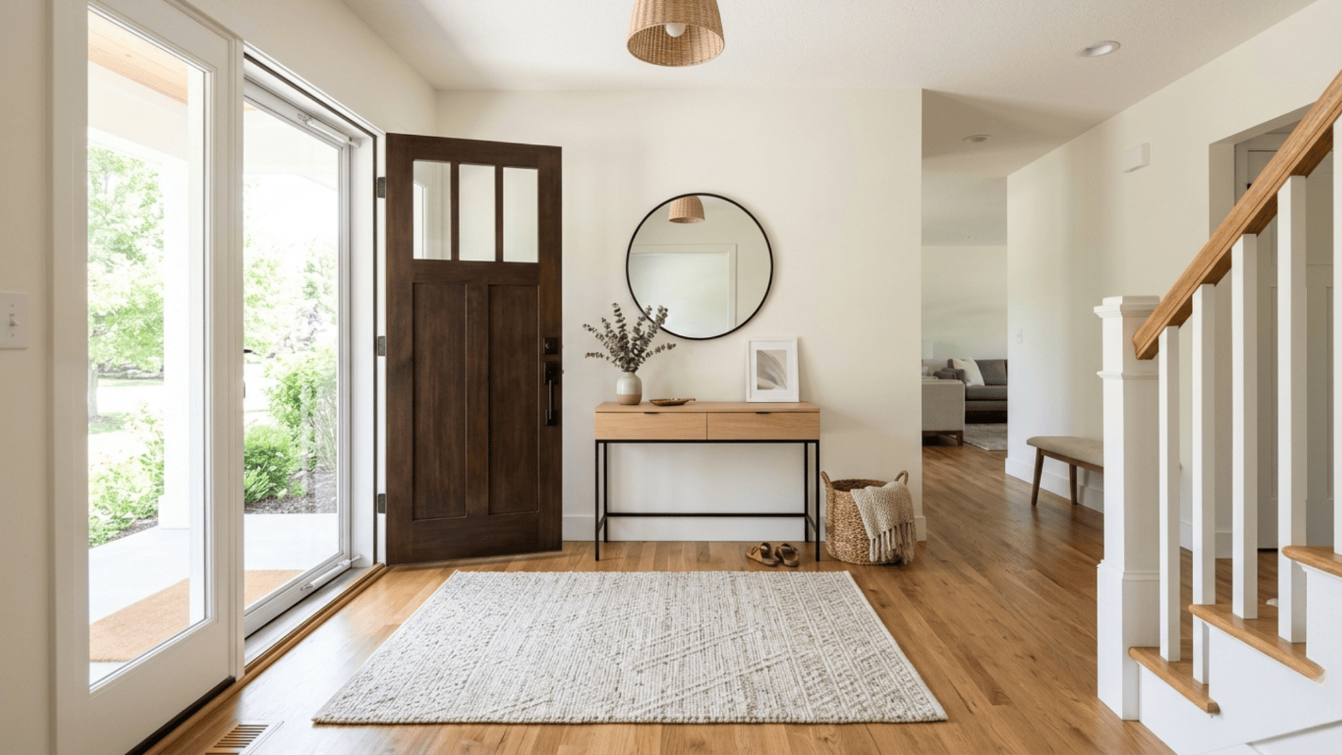 rug size guide entryway with neutral rug wooden floor and modern console table near door