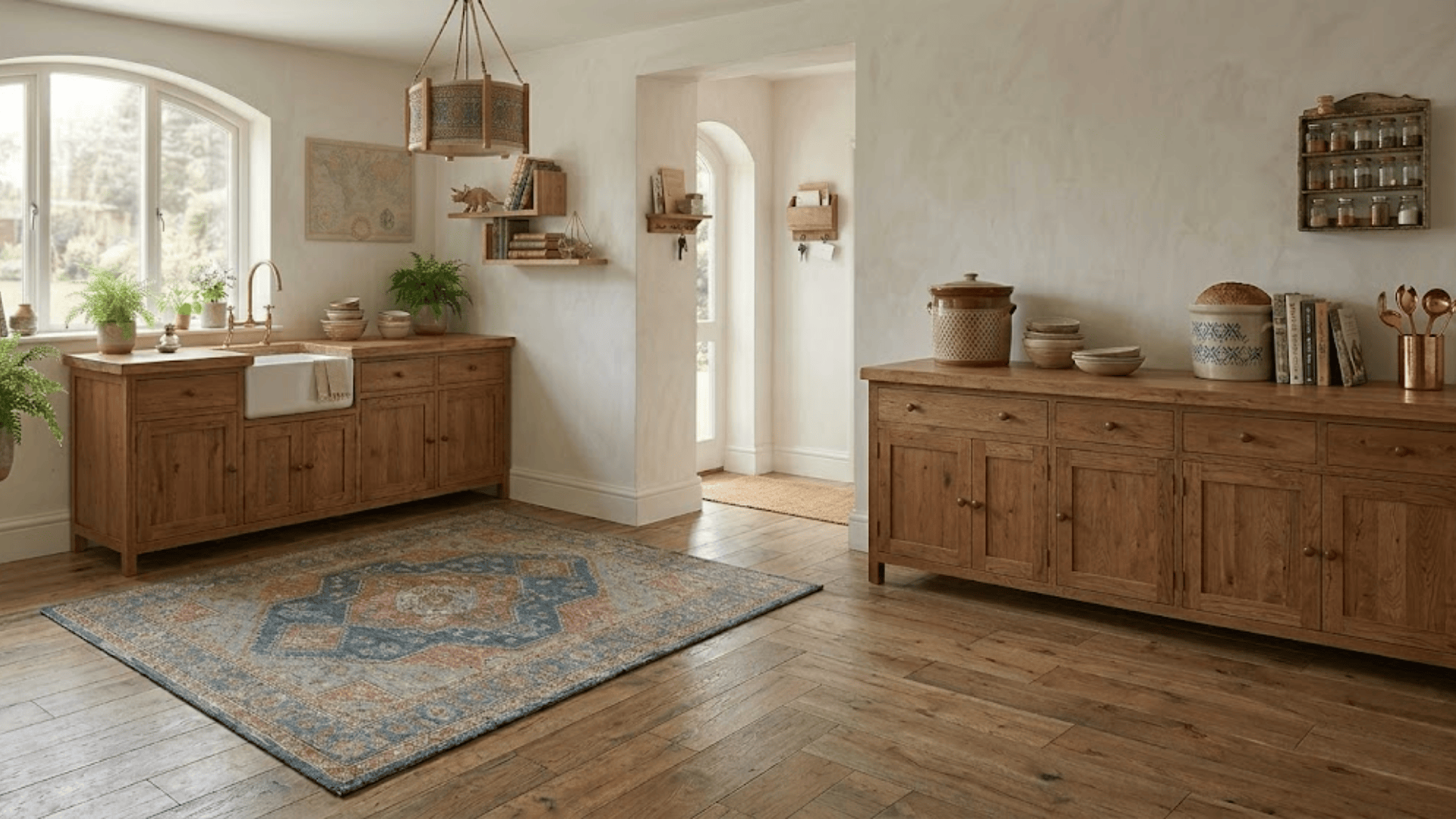 rug size guide kitchen with wooden cabinets and patterned rug on floor in bright space