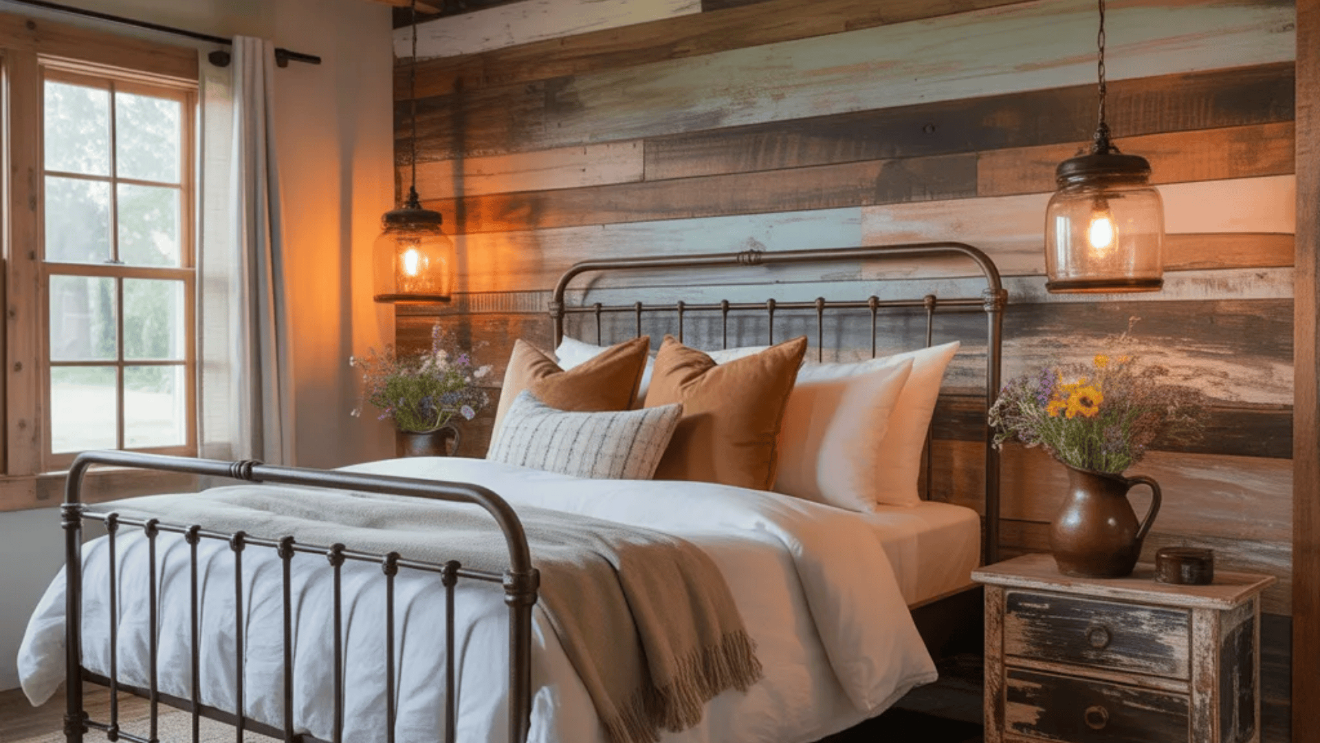 rustic cozy bedroom with wooden beam ceiling metal bed warm lighting and textured wall design showing charming spare bedroom ideas for guests