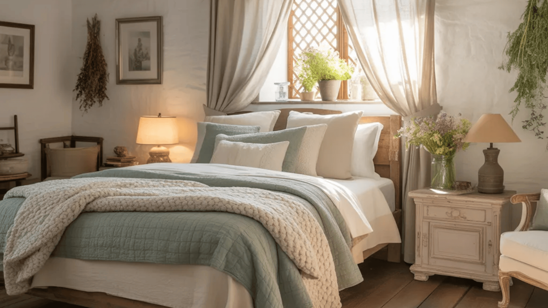 rustic cozy bedroom with wooden ceiling beams soft bedding plants and natural light creating warm inviting spare bedroom ideas for guests